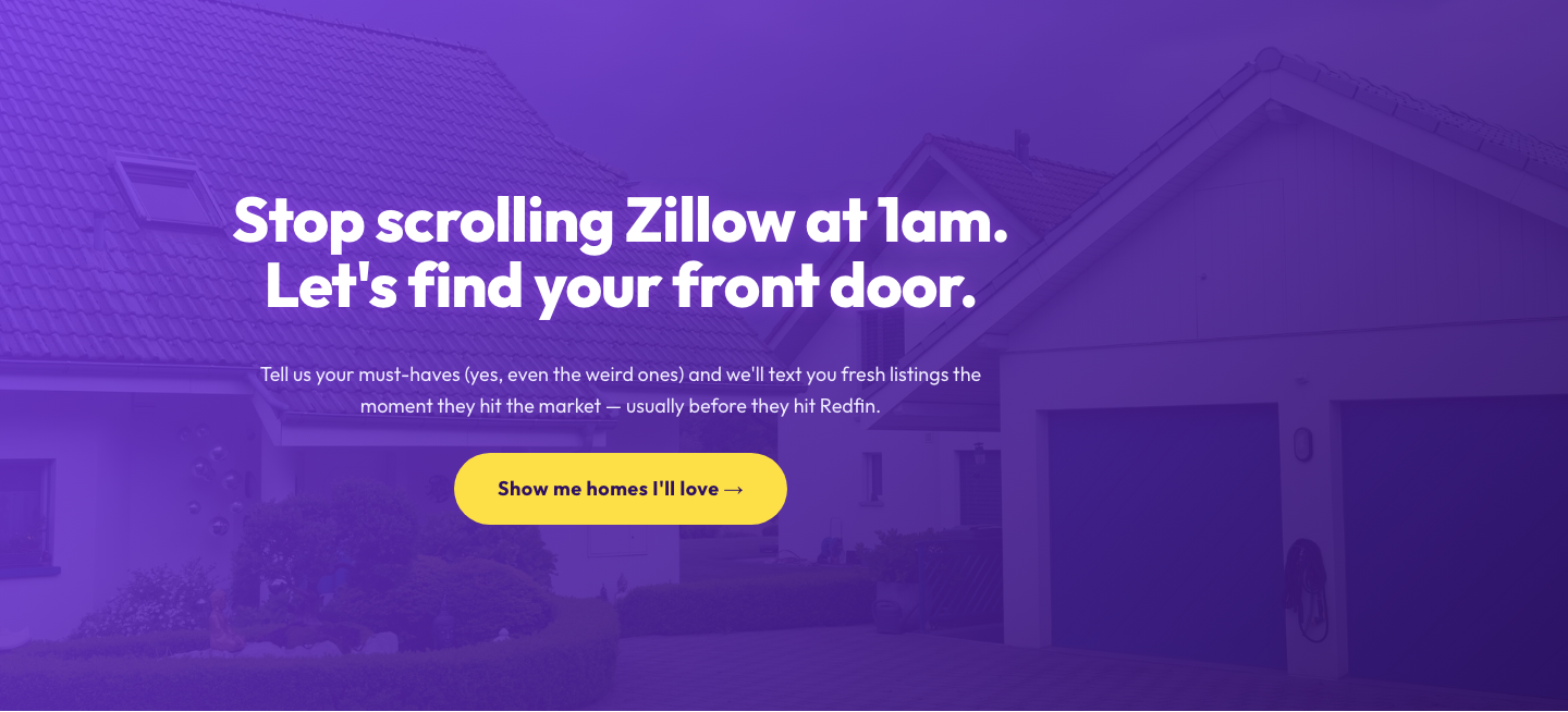 Playful Real Estate CTA — Purple Gradient Listing Alert Signup — desktop preview