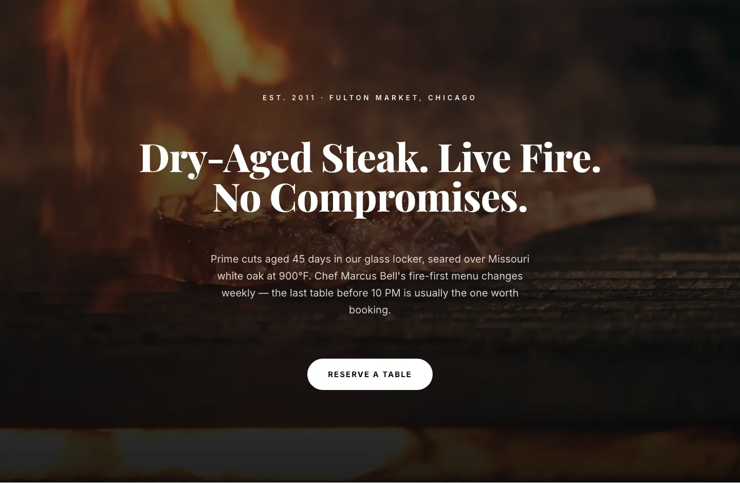 Bold Steakhouse Hero Layout for Divi 5 — Fire & Dry-Aged — Restaurant Hero layout built with Divi 5