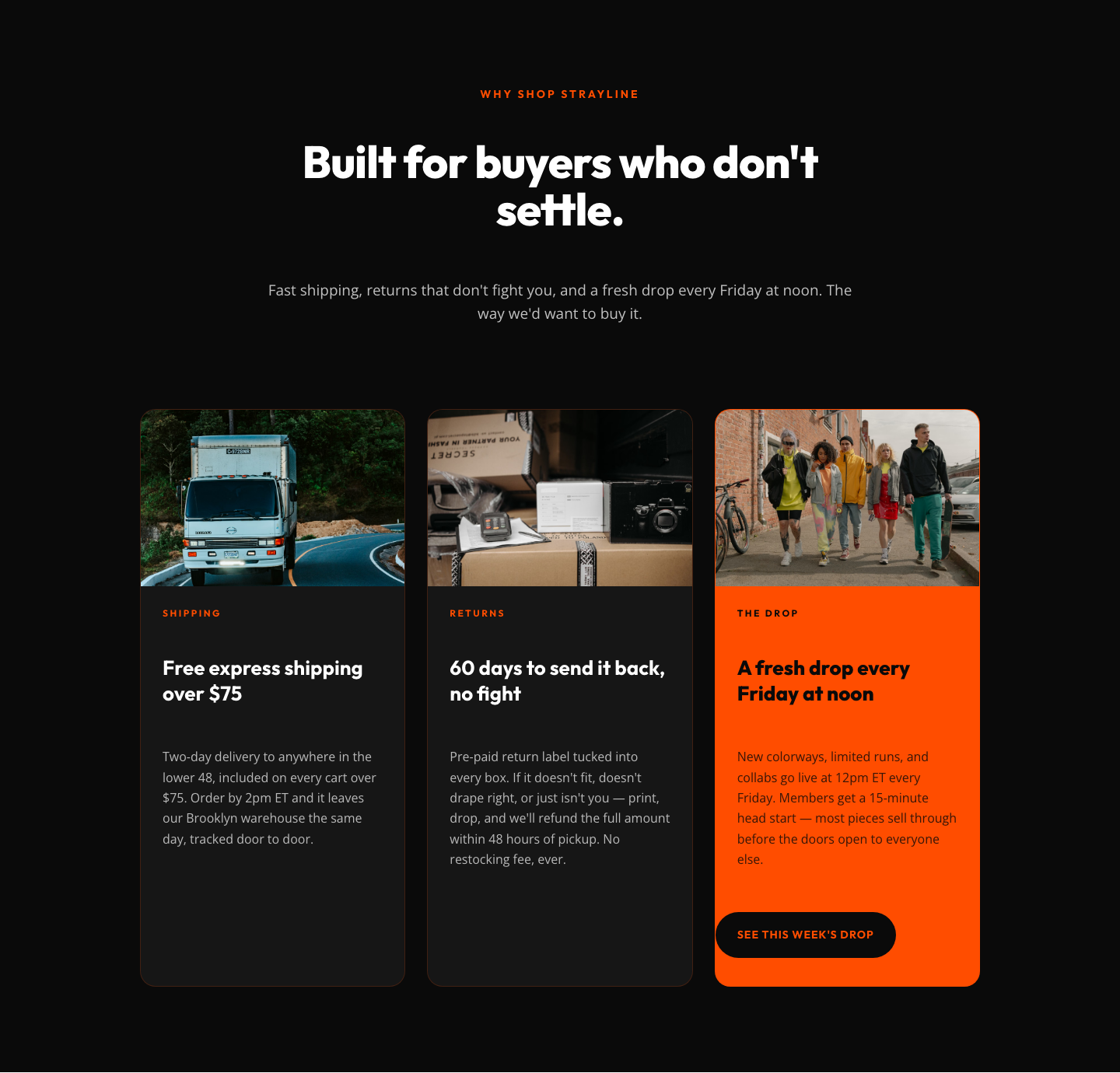 Bold Ecommerce Features Section — Free Shipping, Returns & Weekly Drops — desktop preview