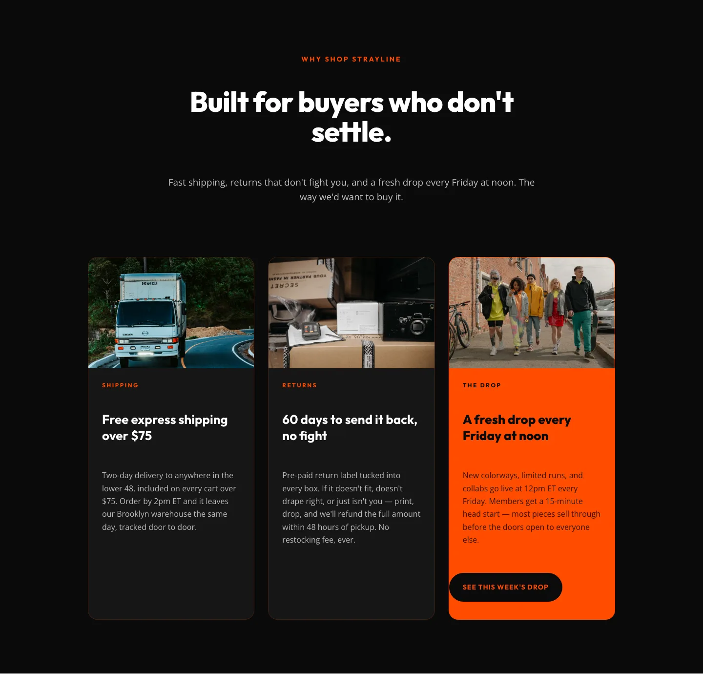 Bold Ecommerce Features Section — Free Shipping, Returns & Weekly Drops — E-commerce Features layout built with Divi 5
