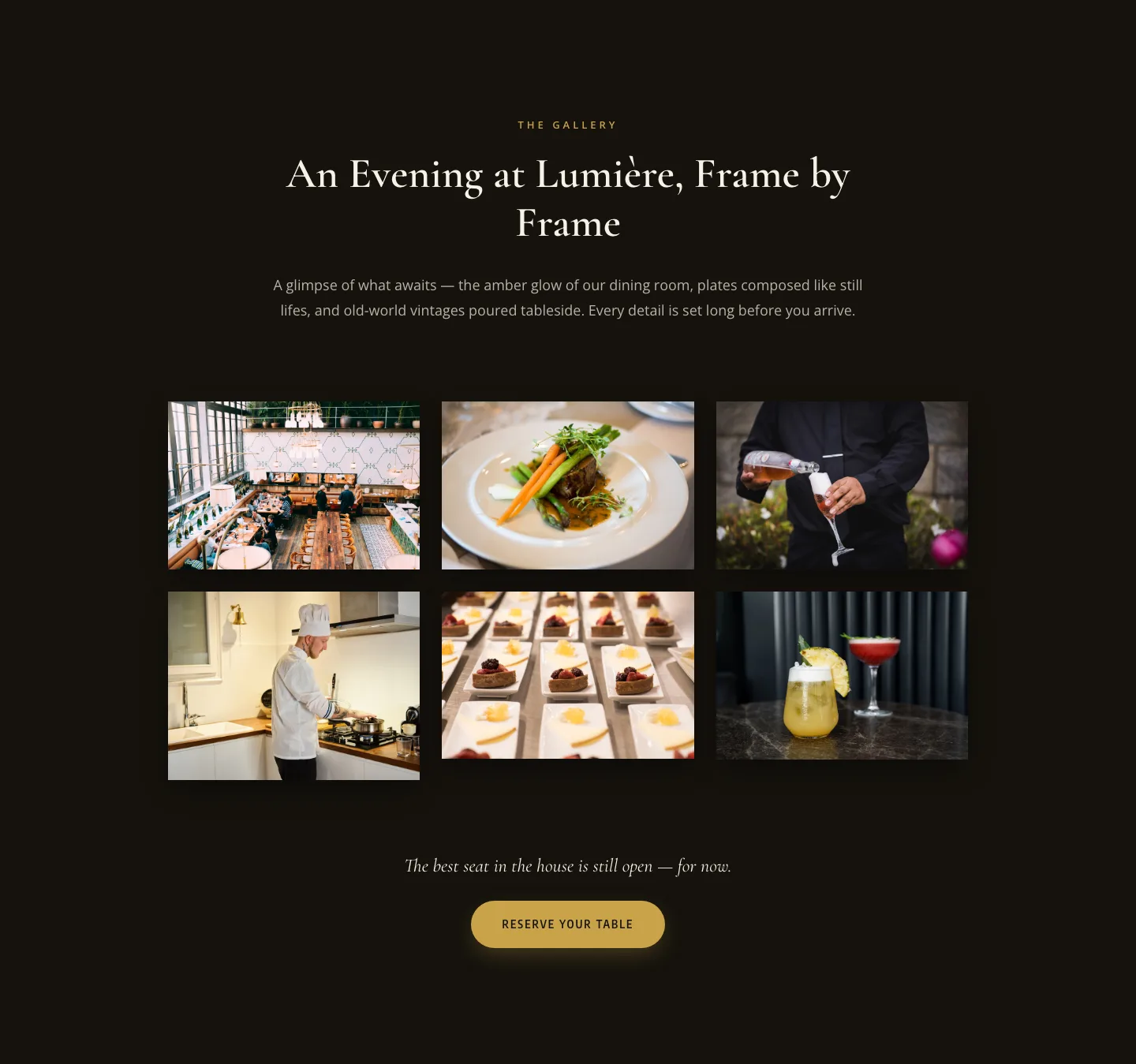 Elegant Restaurant Gallery Divi 5 Layout — Dark & Gold Photo Grid — Restaurant Gallery layout built with Divi 5