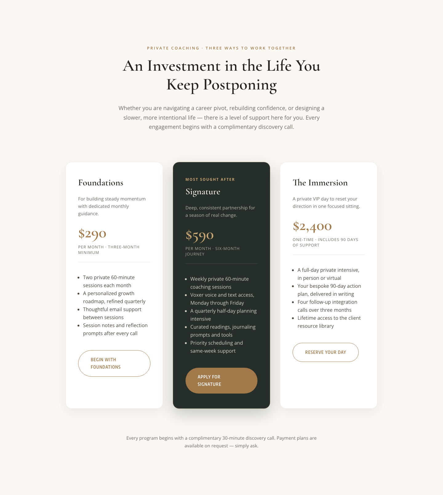 Elegant Coaching Pricing Section — 3-Tier Divi 5 Layout — desktop preview
