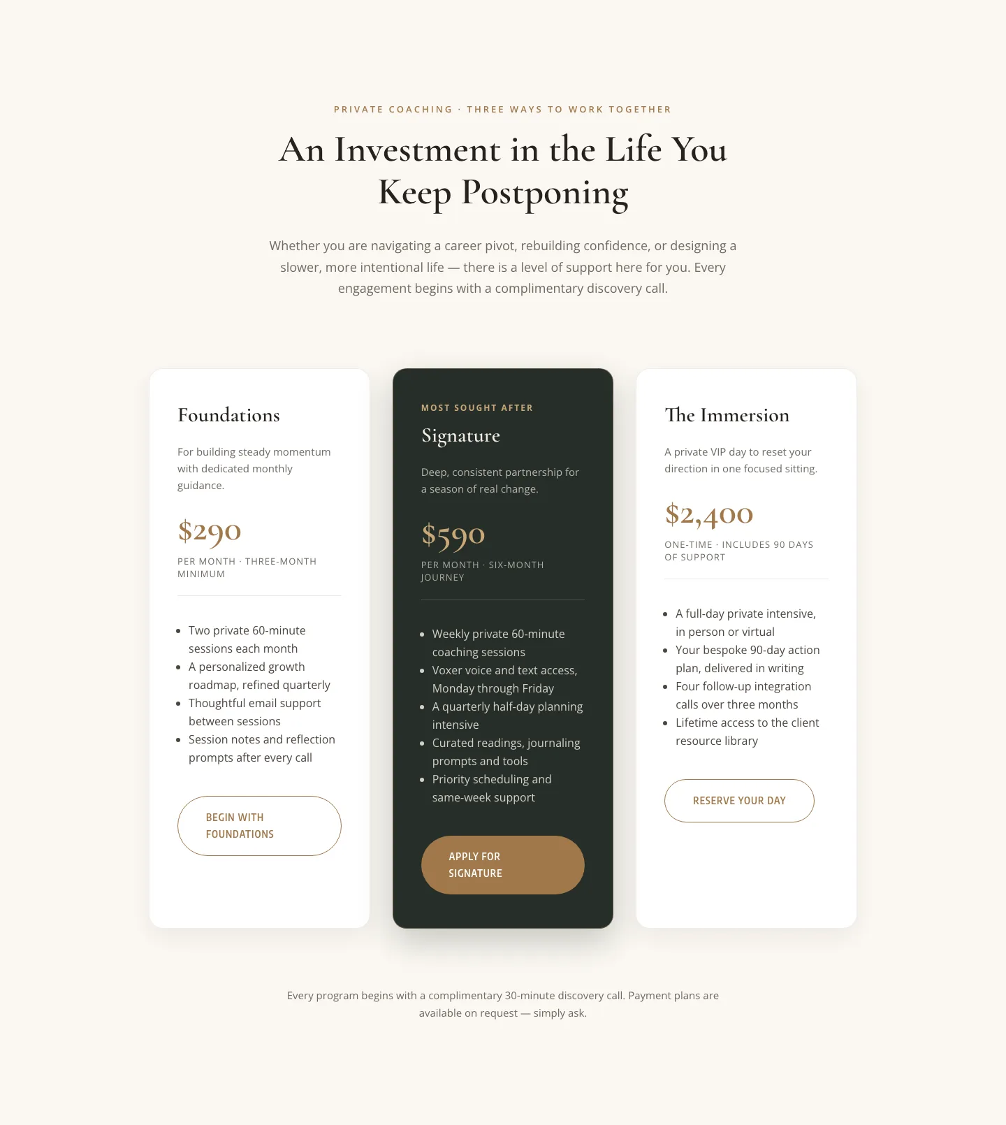 Elegant Coaching Pricing Section — 3-Tier Divi 5 Layout — Coaching Pricing layout built with Divi 5
