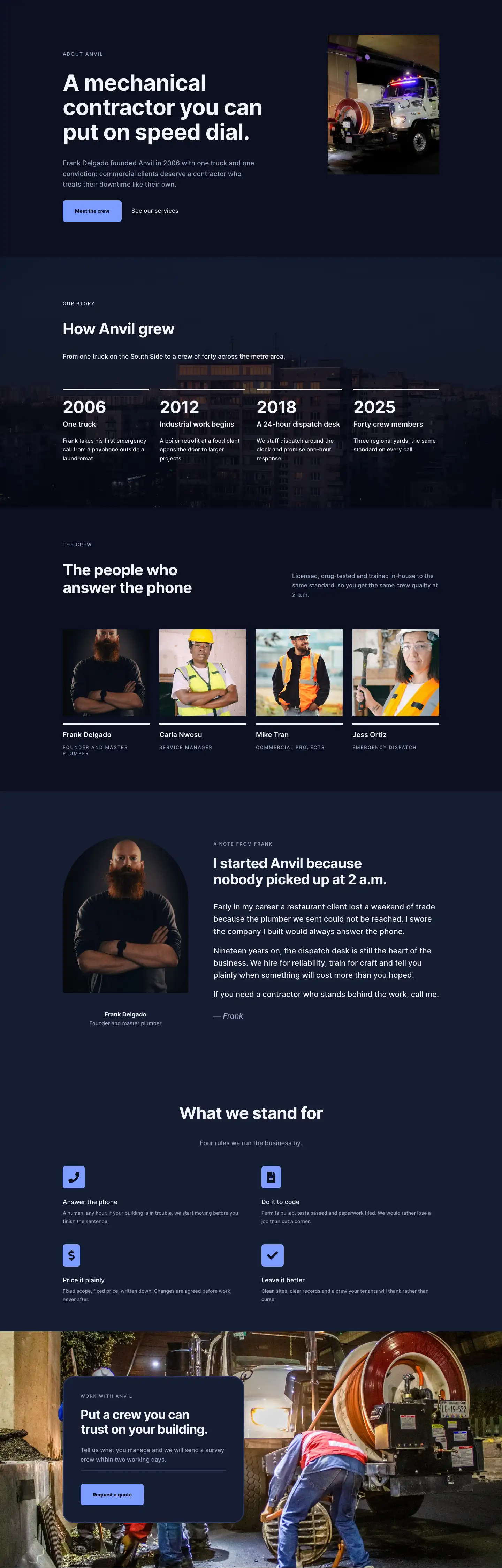 Anvil Mechanical — Dark Plumbing About Page for Divi 5, Plumbing Full Landing layout built with Divi 5