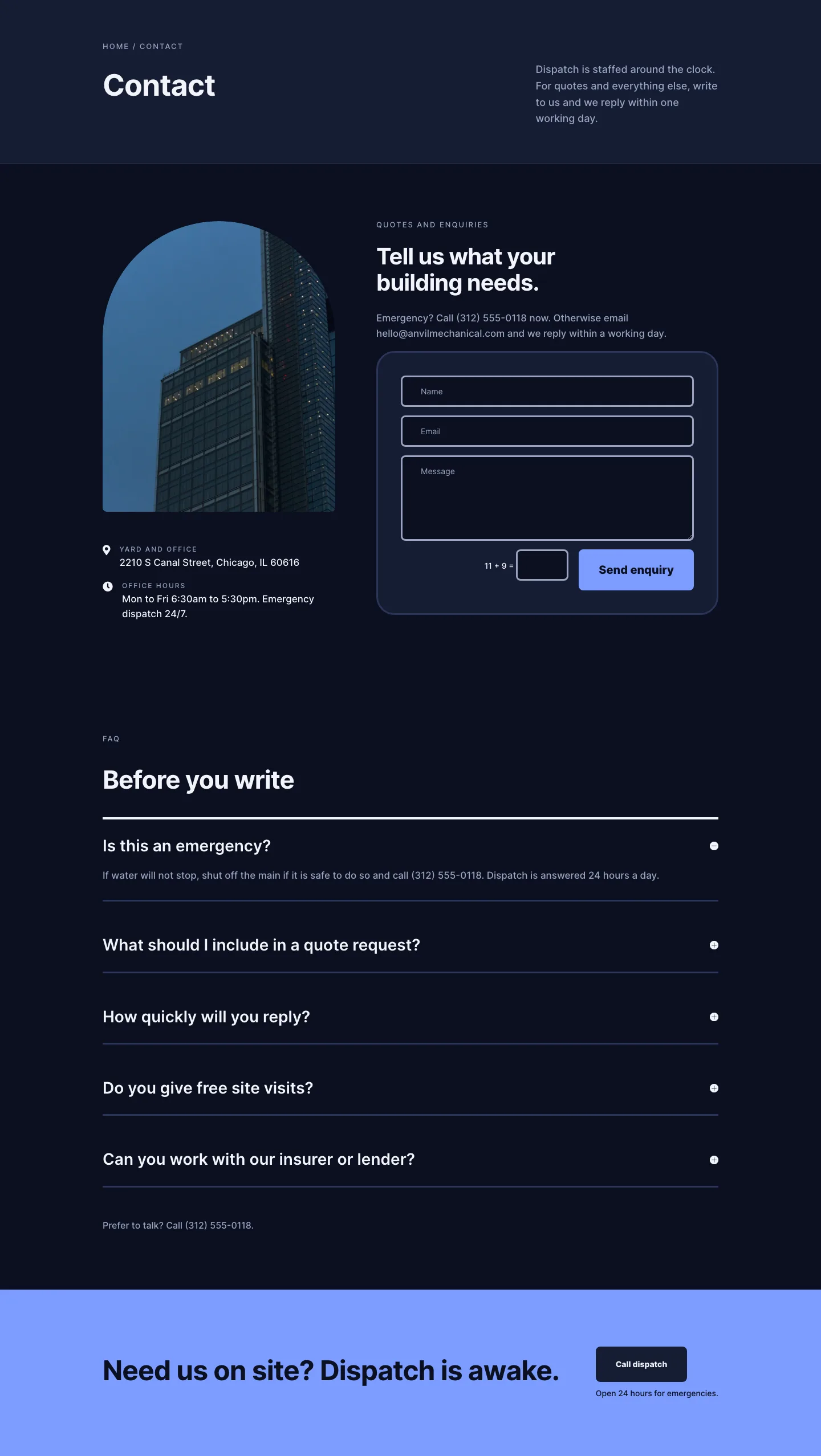 Anvil Mechanical — Dark Plumbing Contact Page for Divi 5, Plumbing Full Landing layout built with Divi 5