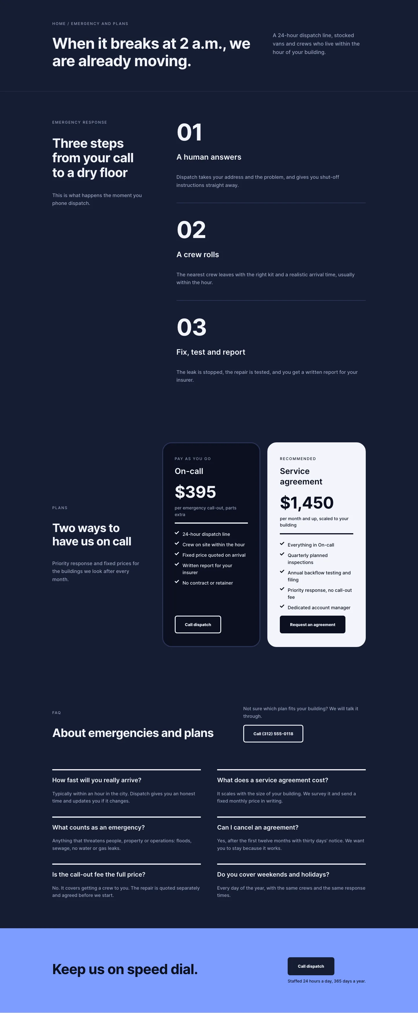 Anvil Mechanical — Dark Plumbing Emergency & Plans Page for Divi 5, Plumbing Full Landing layout built with Divi 5