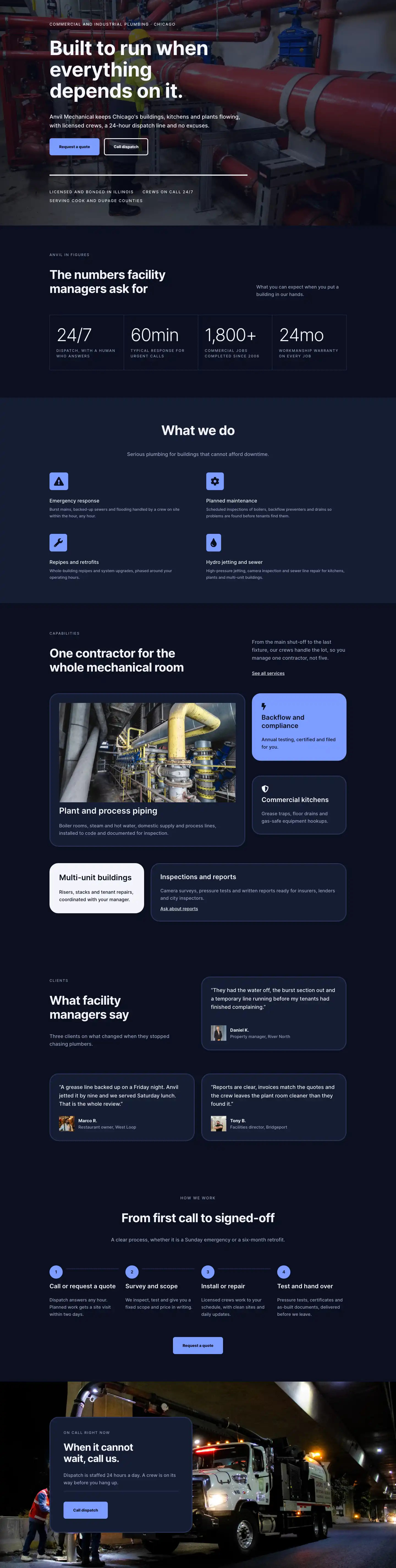 Anvil Mechanical — Dark Plumbing Home Page for Divi 5, Plumbing Full Landing layout built with Divi 5