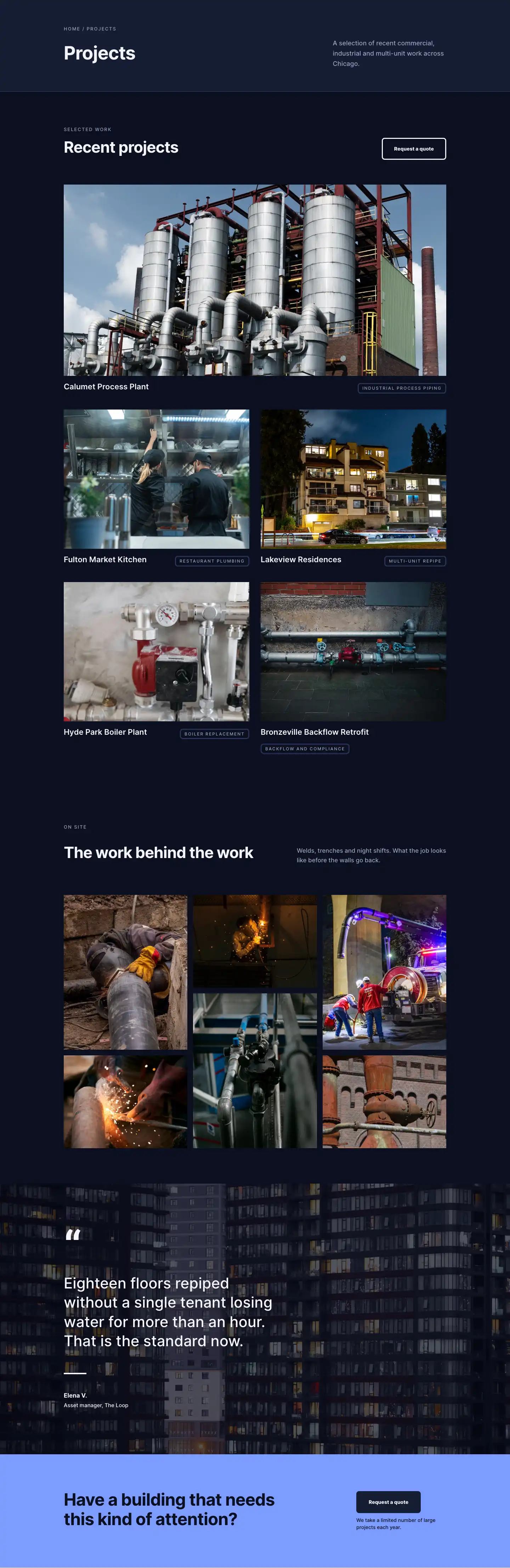 Anvil Mechanical — Dark Plumbing Projects Page for Divi 5, Plumbing Full Landing layout built with Divi 5