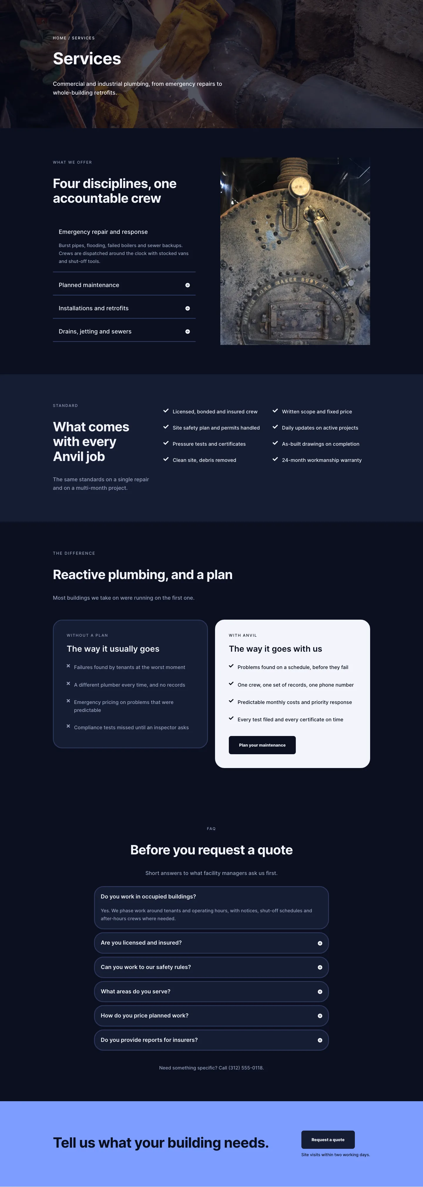 Anvil Mechanical — Dark Plumbing Services Page for Divi 5, Plumbing Full Landing layout built with Divi 5