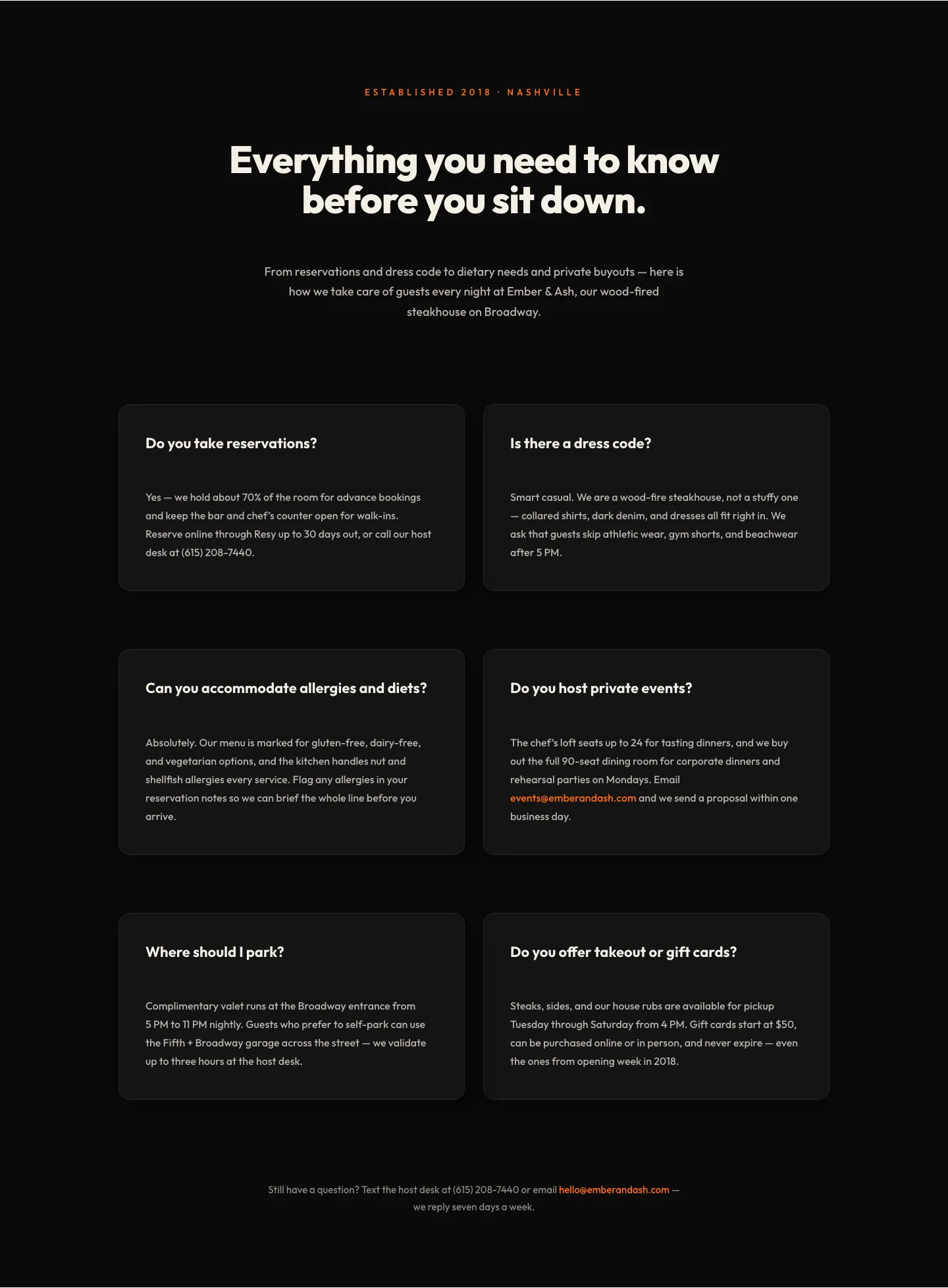 Bold Restaurant FAQ Layout — Wood-Fired Steakhouse Guest Questions | Divi 5 — Restaurant FAQ layout built with Divi 5