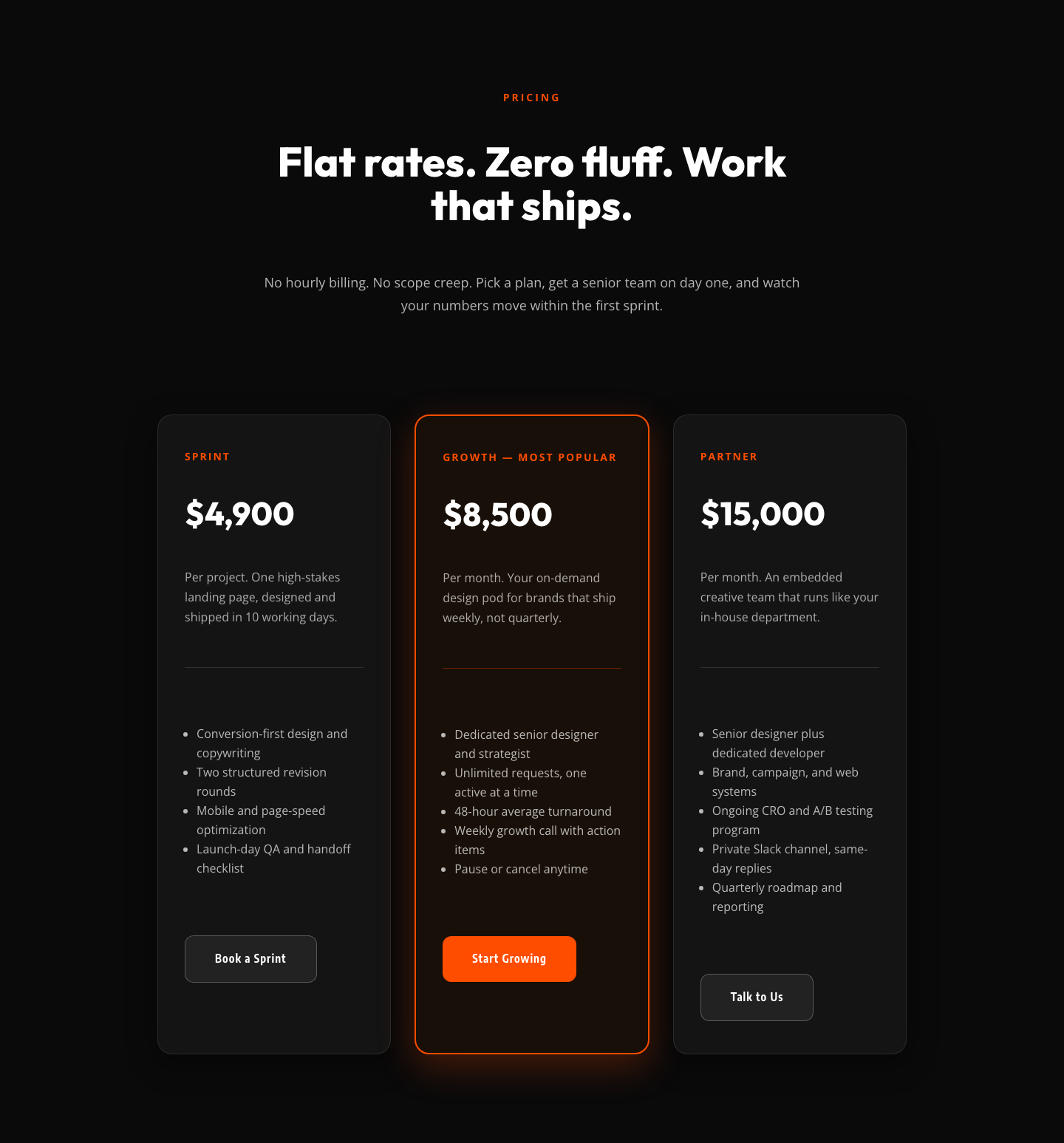 Bold Agency Pricing Section — Dark 3-Tier Divi 5 Layout — desktop preview