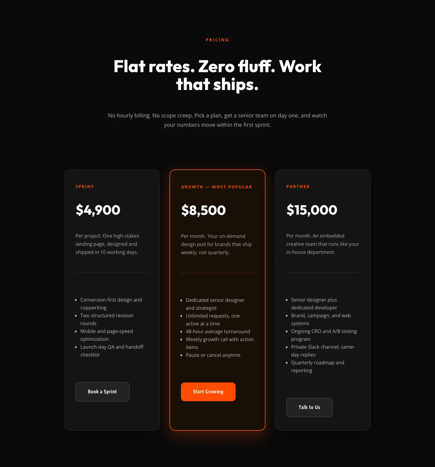 Bold Agency Pricing Section — Dark 3-Tier Divi 5 Layout — Agency Pricing layout built with Divi 5