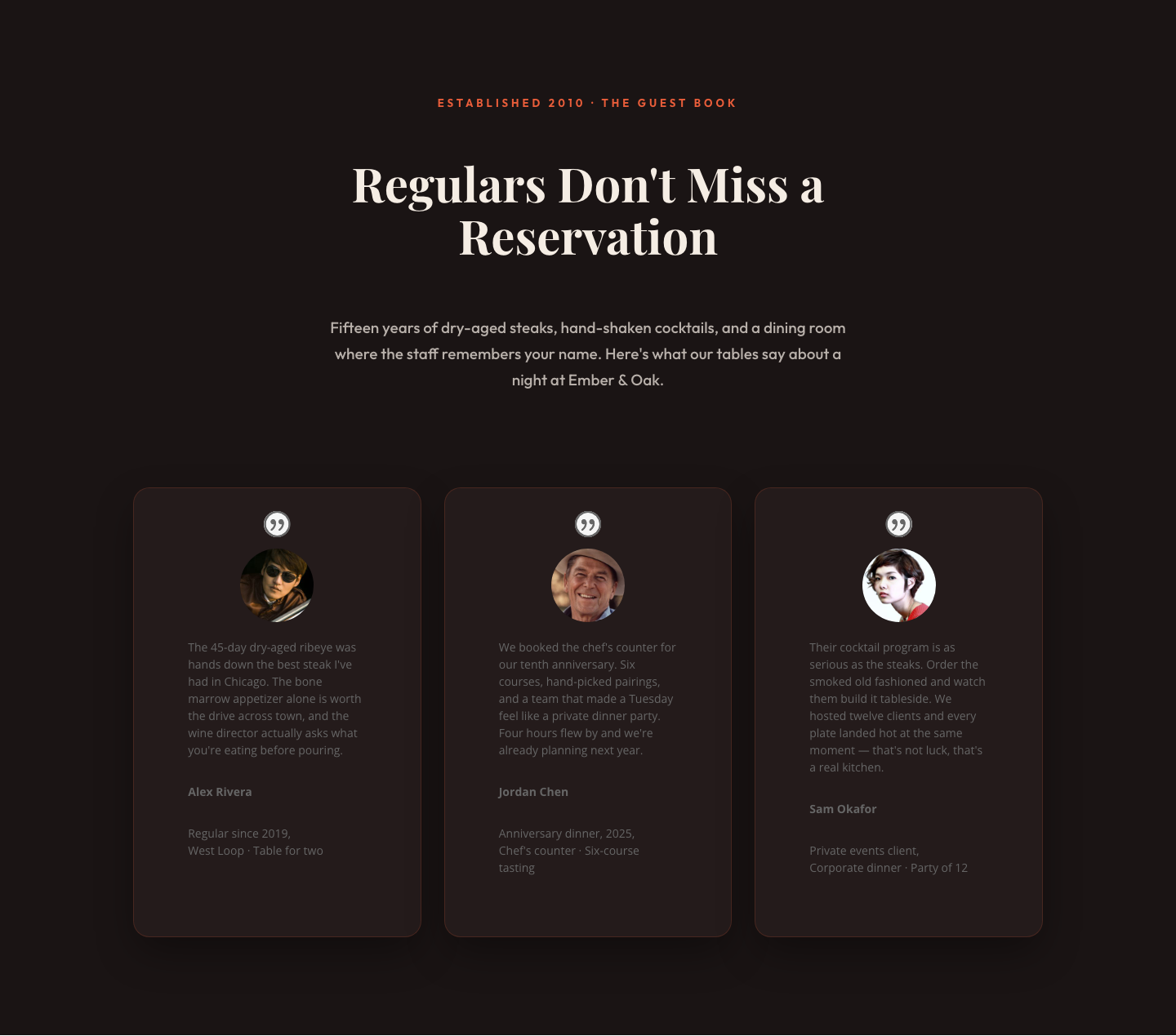 Bold Restaurant Testimonials Layout — Divi 5 Steakhouse Guest Book — desktop preview