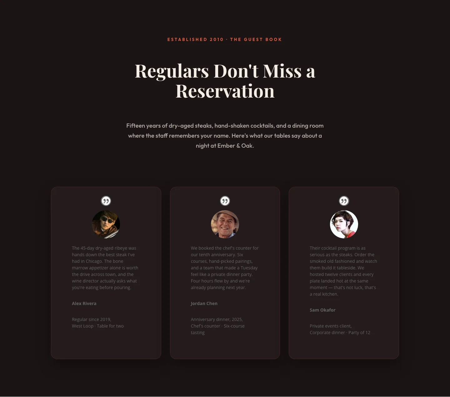 Bold Restaurant Testimonials Layout — Divi 5 Steakhouse Guest Book — Restaurant Testimonials layout built with Divi 5