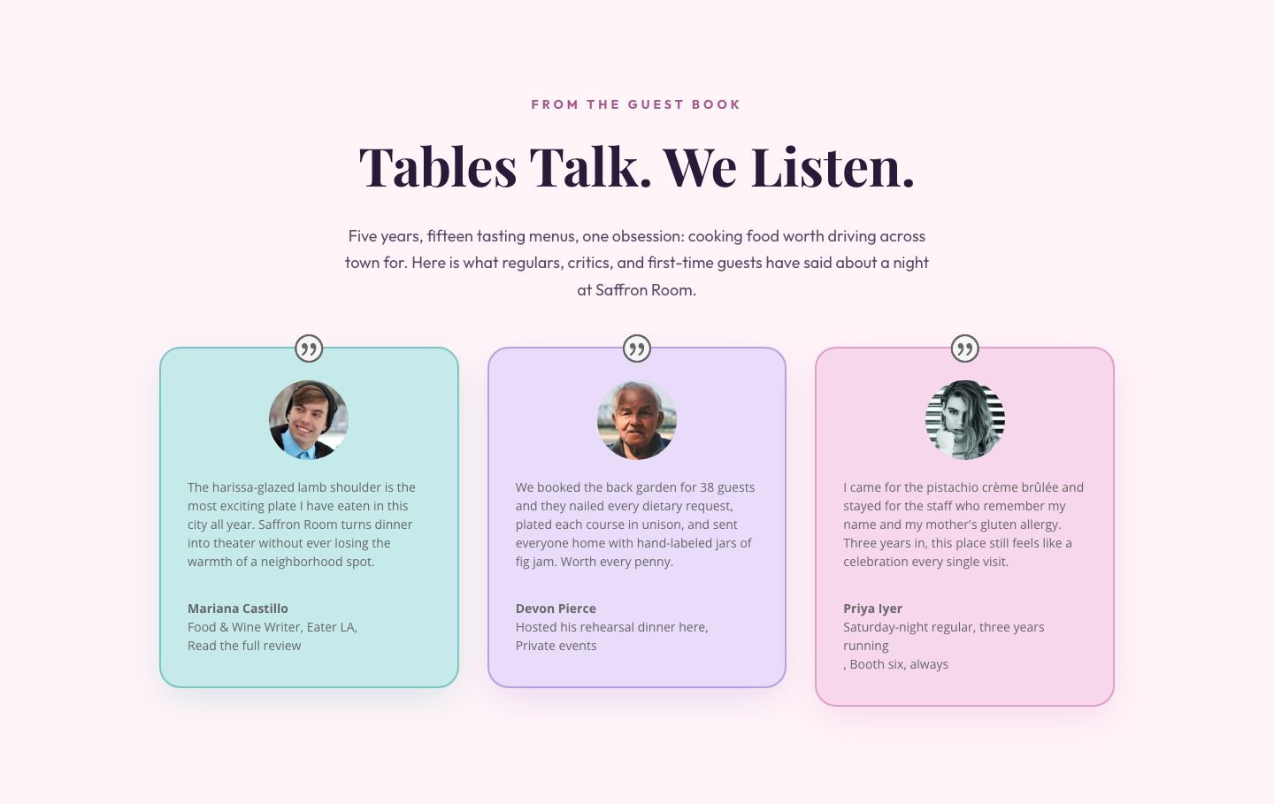 Tables Talk. We Listen. — Bold Restaurant Testimonials Layout for Divi 5 — desktop preview