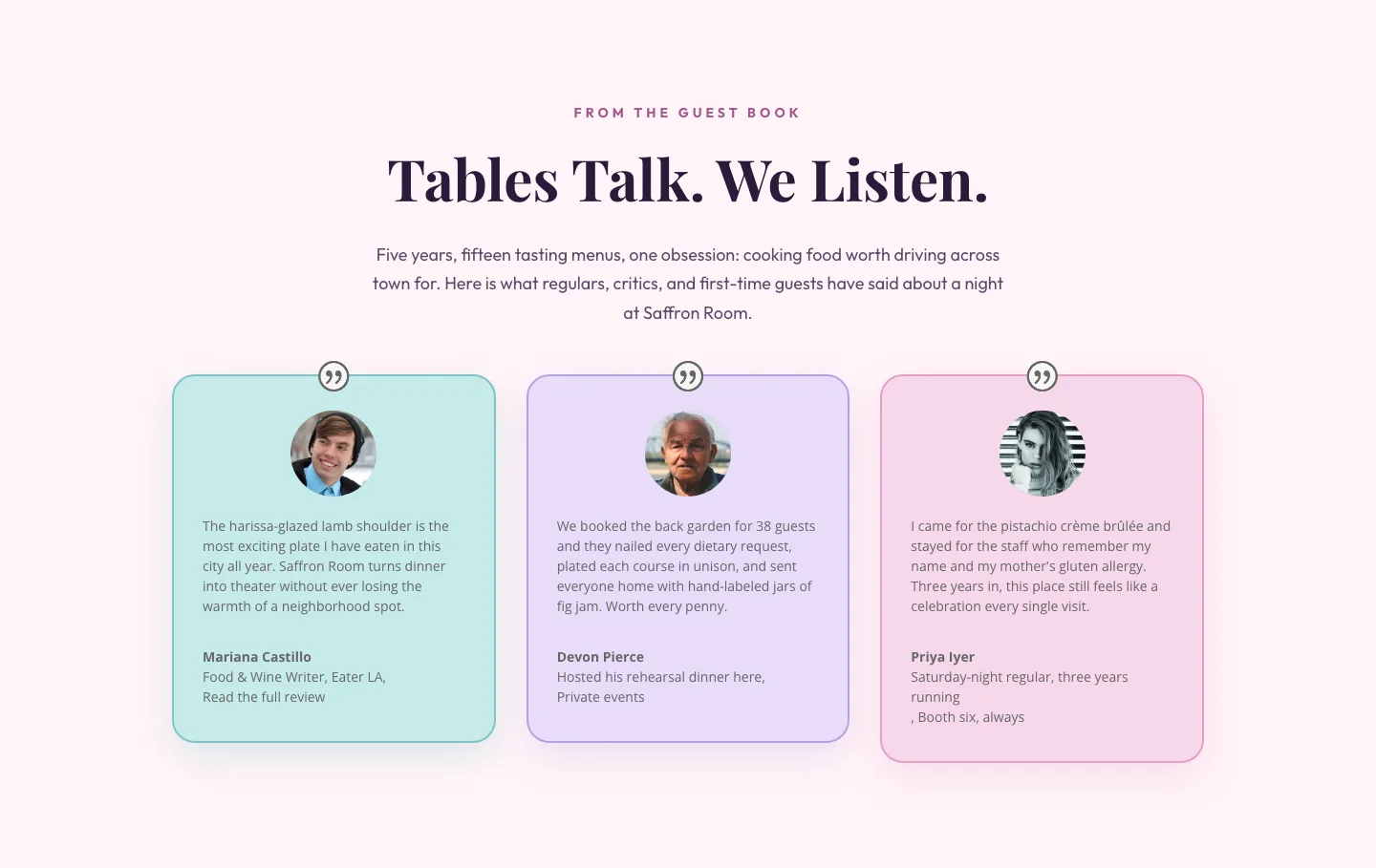Tables Talk. We Listen. — Bold Restaurant Testimonials Layout for Divi 5 — Restaurant Testimonials layout built with Divi 5
