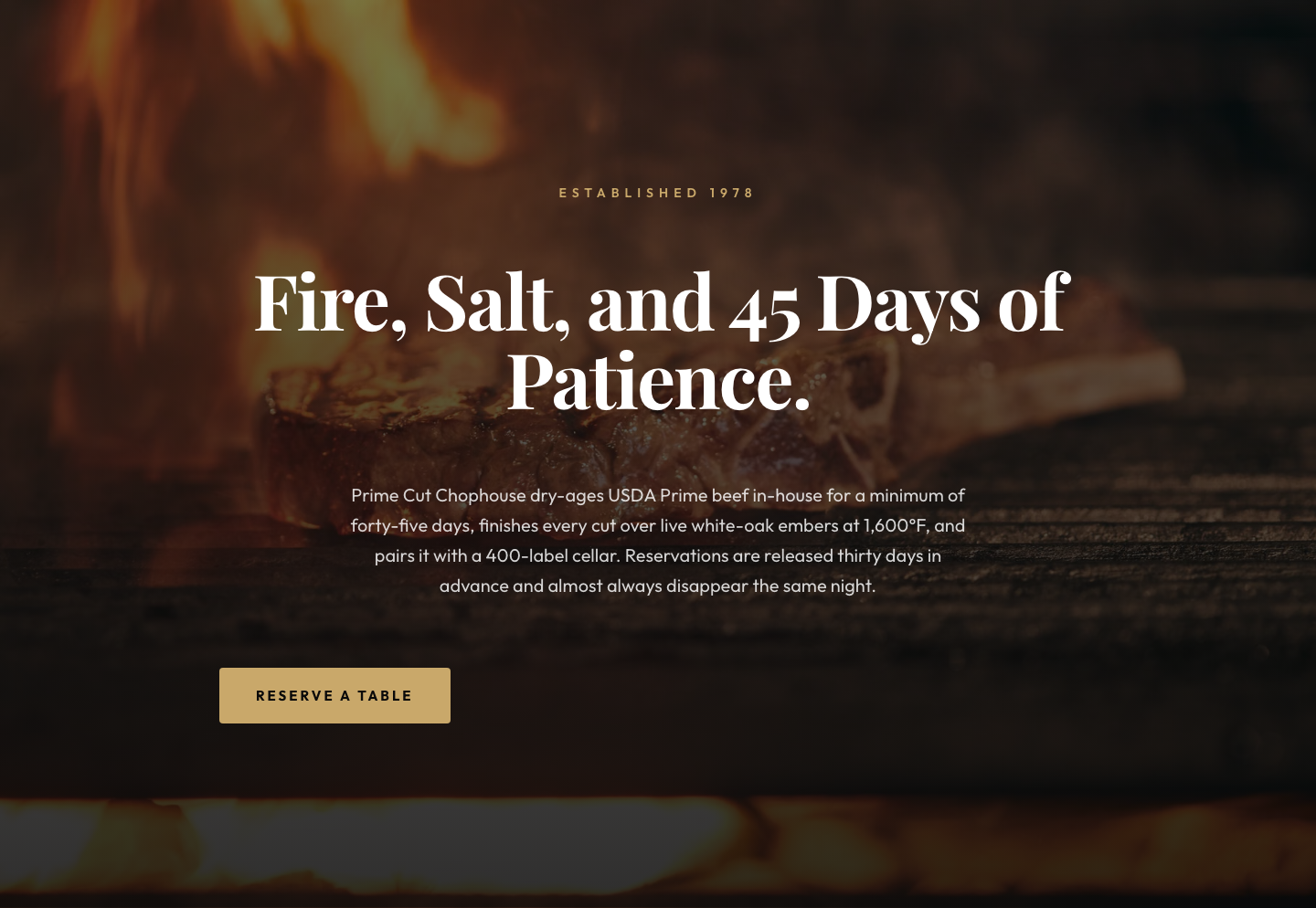 Prime Cut Chophouse Hero — Dry-Aged Steakhouse Divi 5 Layout — desktop preview