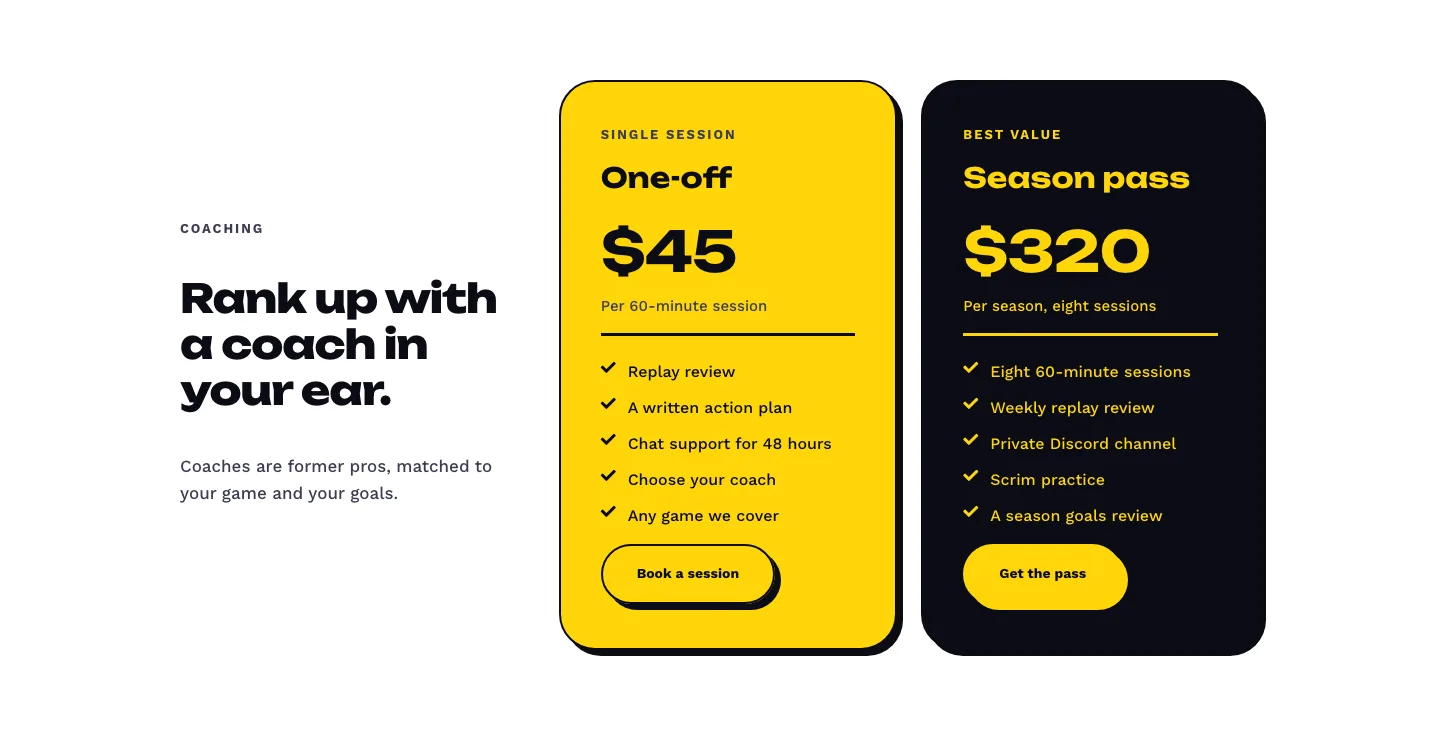 Bold Esports Coaching Pricing Section for Divi 5: Two-Plan Highlight, Coaching Pricing layout built with Divi 5, desktop screenshot