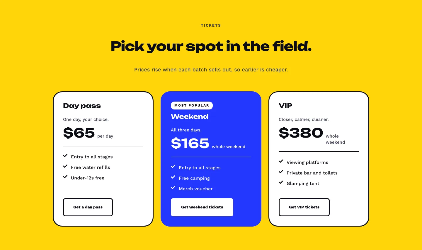 Bold Festival Ticket Pricing Section for Divi 5: Three-Tier Ticket Types, Events Pricing layout built with Divi 5, desktop screenshot