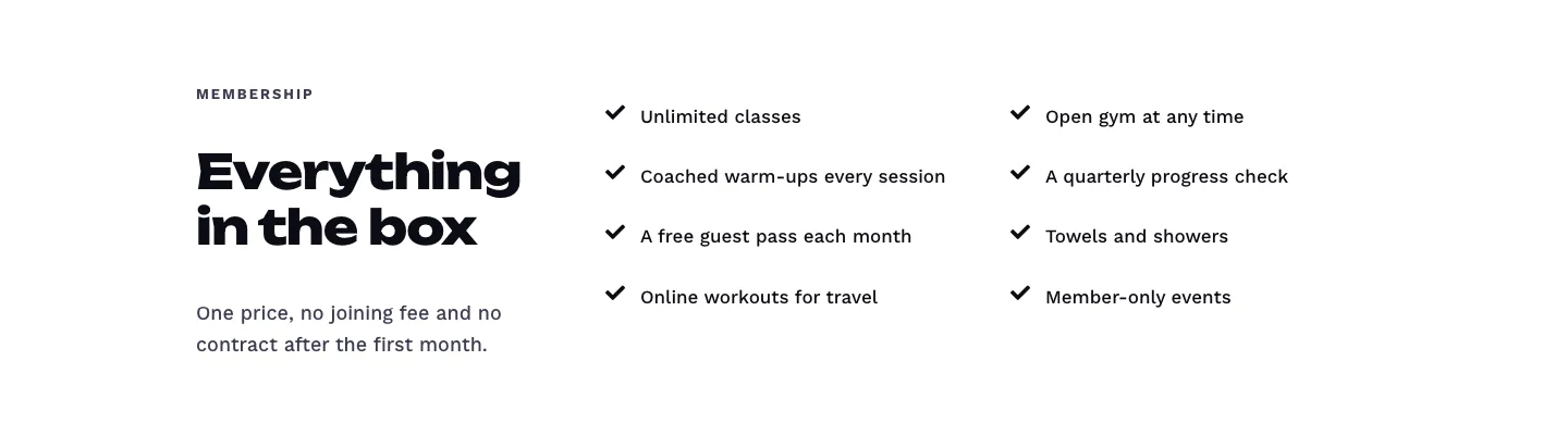 Bold Fitness Membership Features Layout for Divi 5: Two-Column Checklist, Fitness Features layout built with Divi 5, desktop screenshot