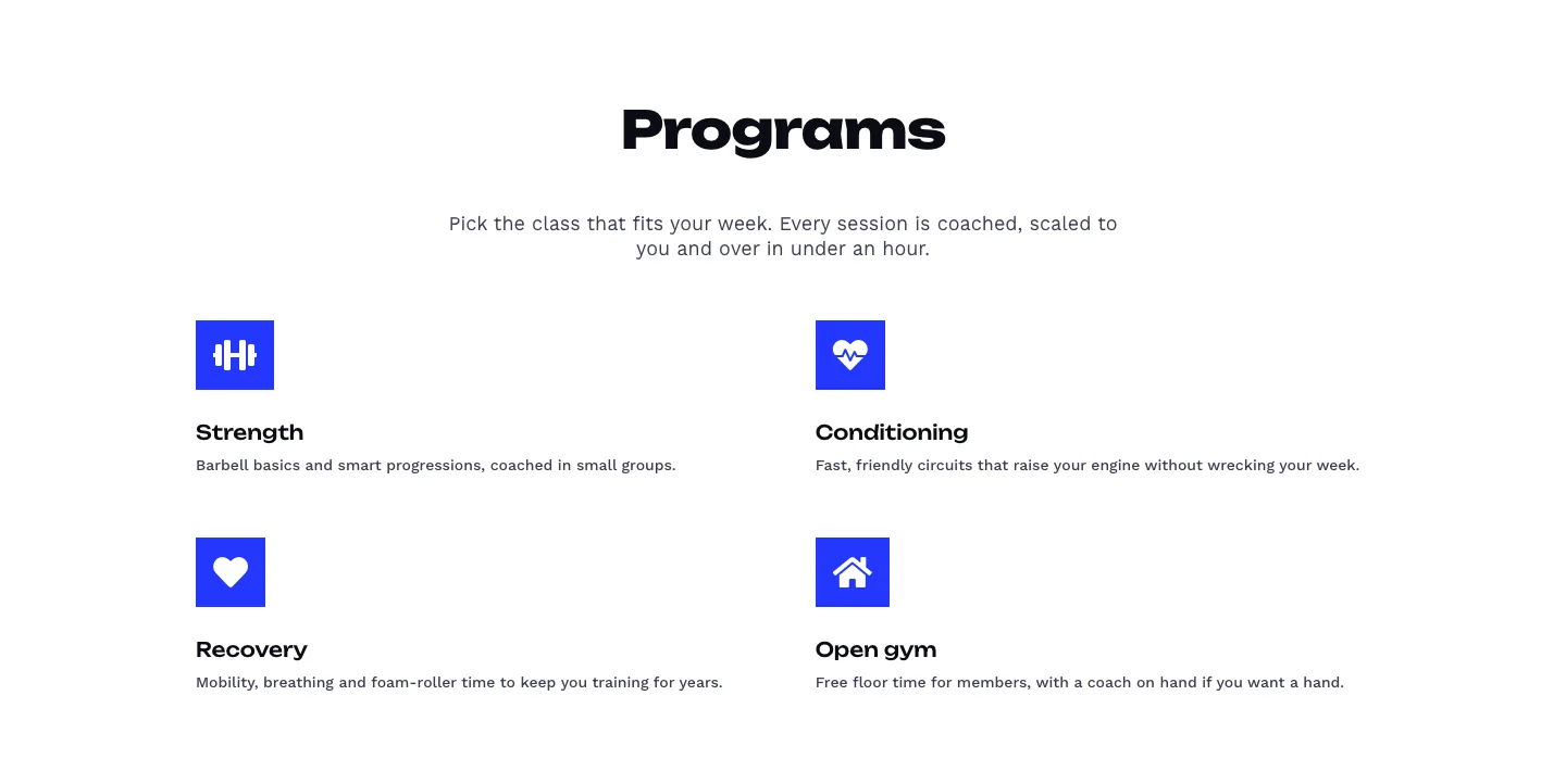 Bold Fitness Programs Cards Layout for Divi 5: Four Class Blurbs, Fitness Cards layout built with Divi 5, desktop screenshot