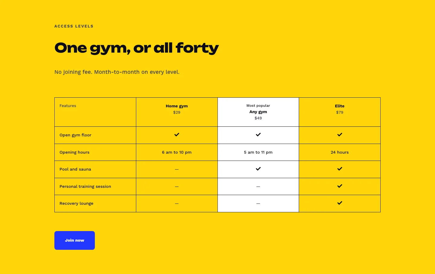 Bold Gym Chain Pricing Table for Divi 5: Three Access Levels, Fitness Pricing layout built with Divi 5