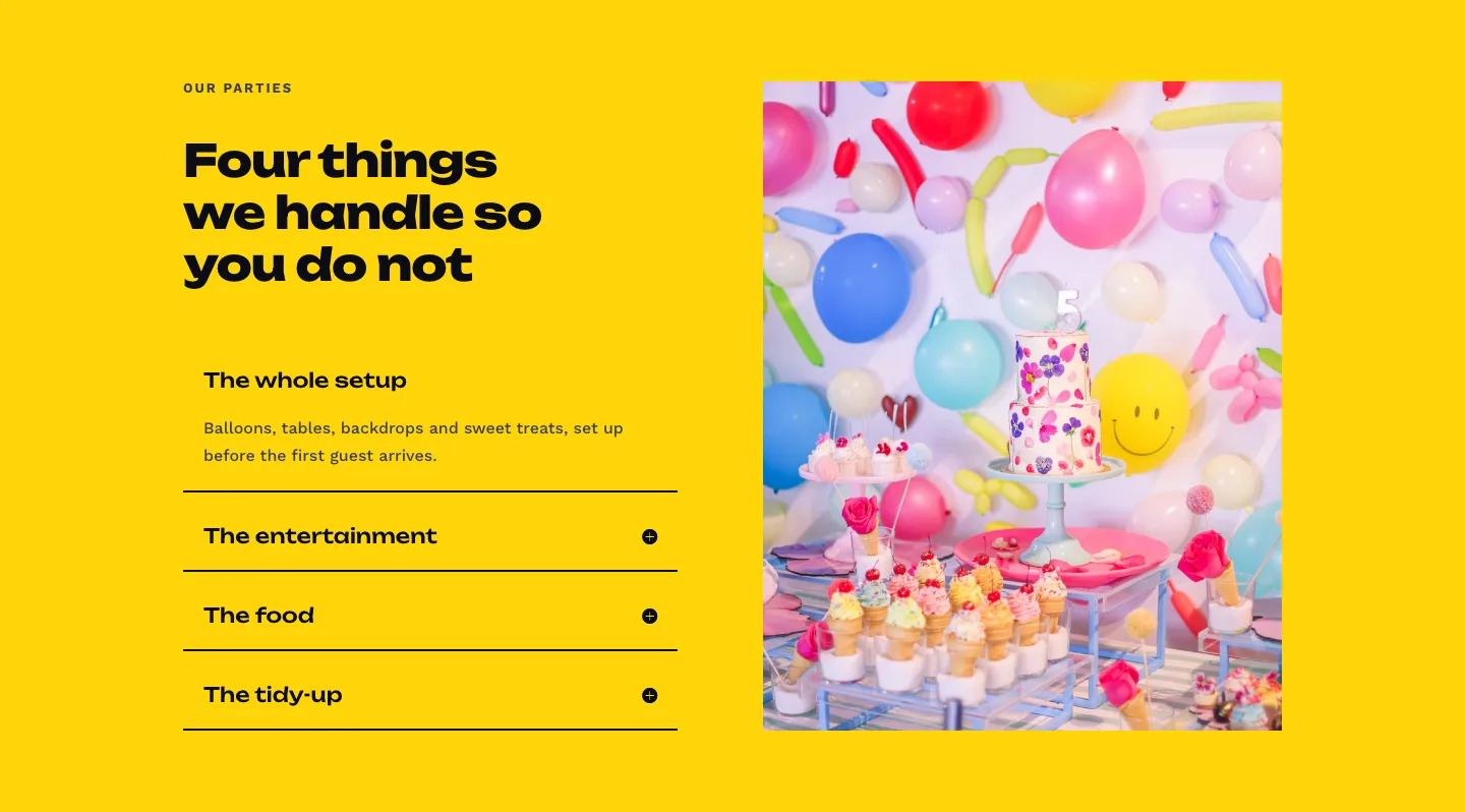 Bold Kids Party Planner Features Layout for Divi 5: Accordion with Image, Events Features layout built with Divi 5, desktop screenshot
