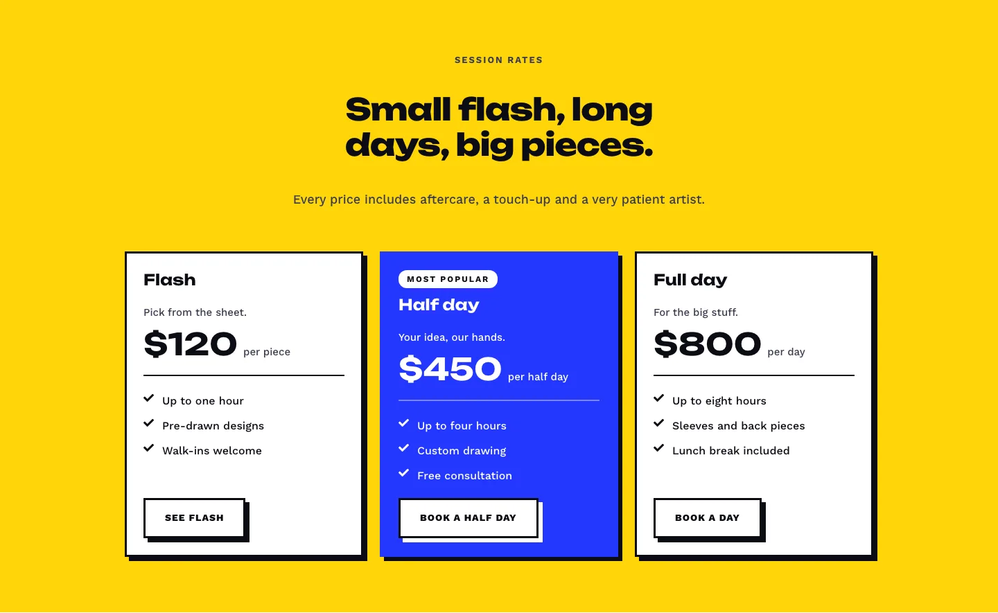 Bold Tattoo Studio Pricing Section for Divi 5: Three-Tier Session Rates, Portfolio Pricing layout built with Divi 5, desktop screenshot