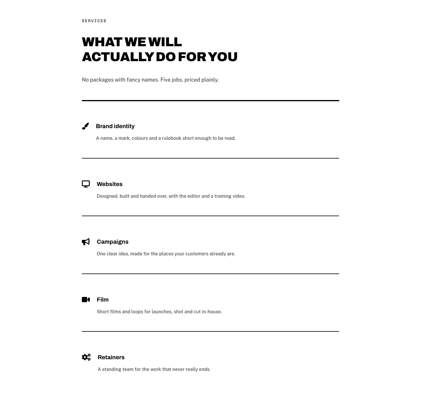 Brutalist Agency Services Features Layout for Divi 5: Icon List with Dividers, Agency Features layout built with Divi 5, desktop screenshot