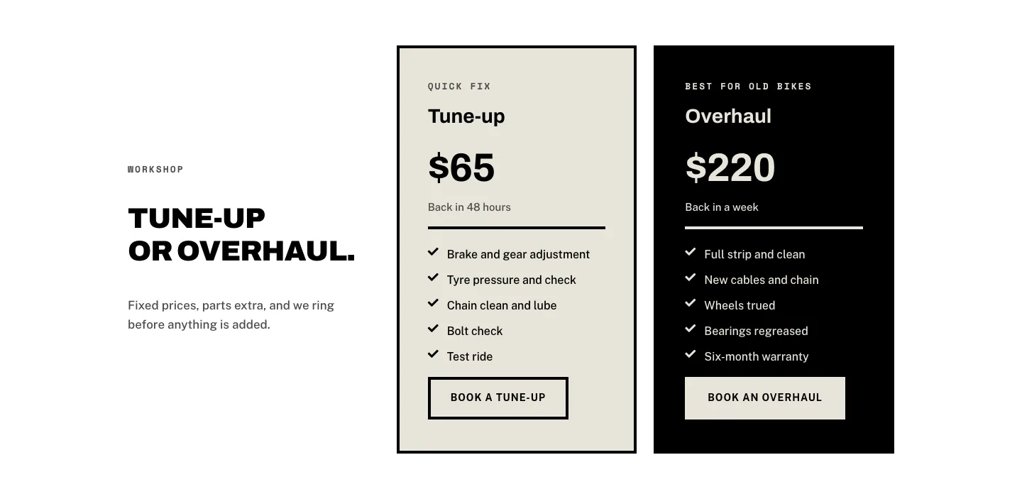 Brutalist Bike Repair Pricing Section for Divi 5: Two-Plan Highlight, E-commerce Pricing layout built with Divi 5, desktop screenshot