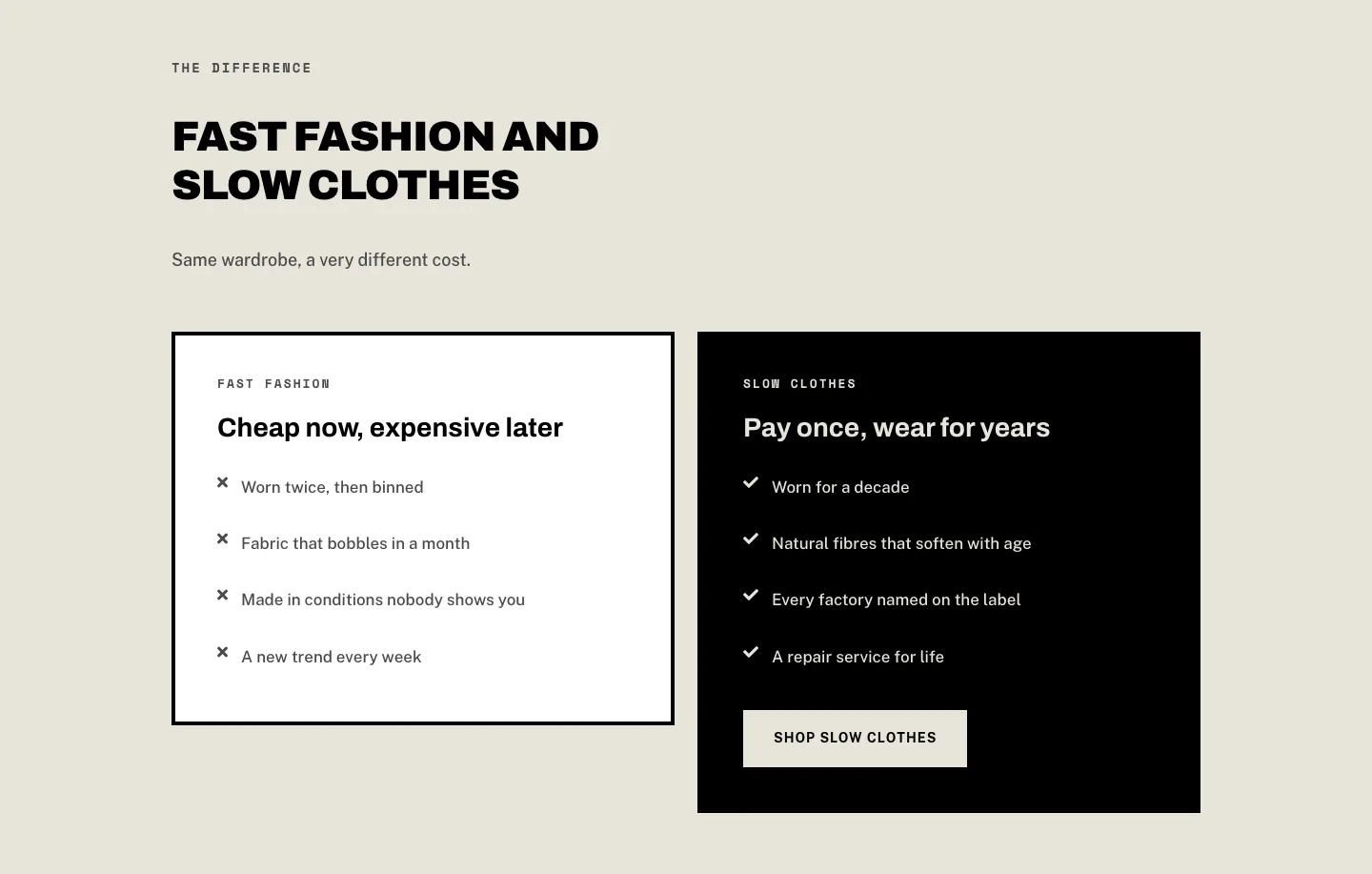 Brutalist Clothing Ecommerce Comparison Features Layout for Divi 5: Two Panels, E-commerce Features layout built with Divi 5, desktop screenshot