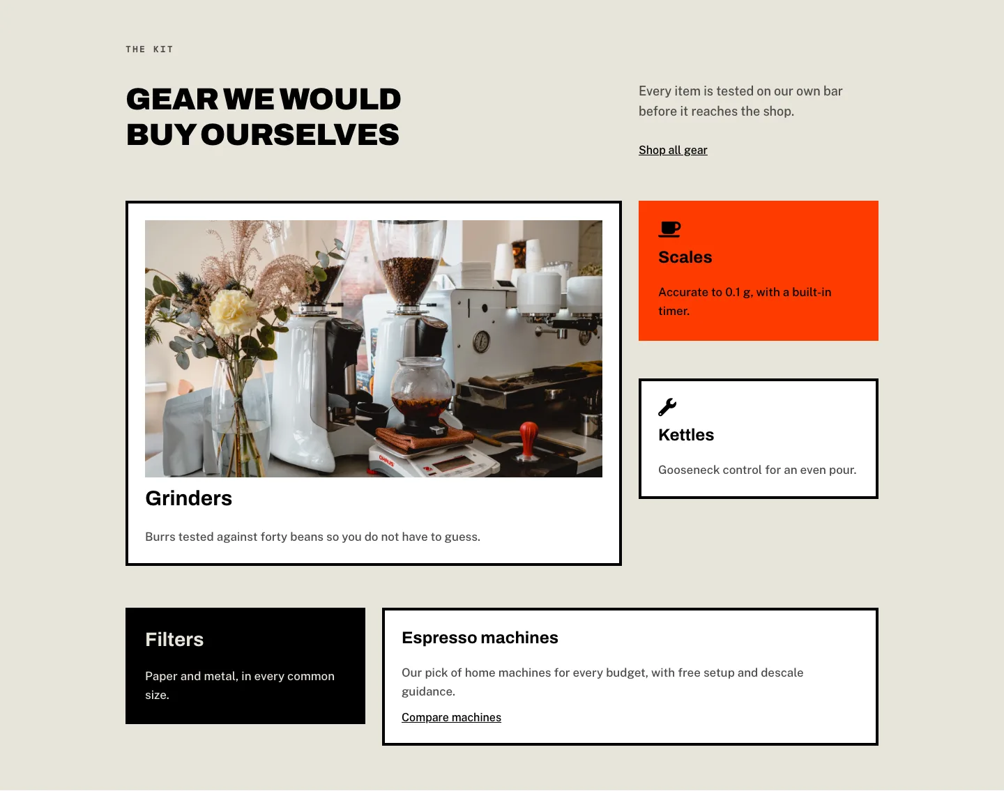 Brutalist Coffee Gear Ecommerce Feature Cards Bento Layout for Divi 5, E-commerce Cards layout built with Divi 5