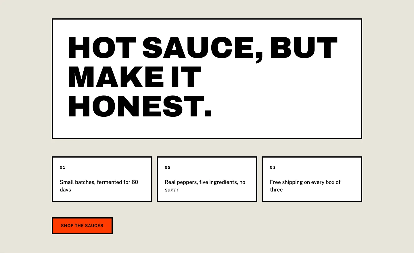 Brutalist Hot Sauce Ecommerce Hero Section for Divi 5: Bordered Cells, E-commerce Hero layout built with Divi 5