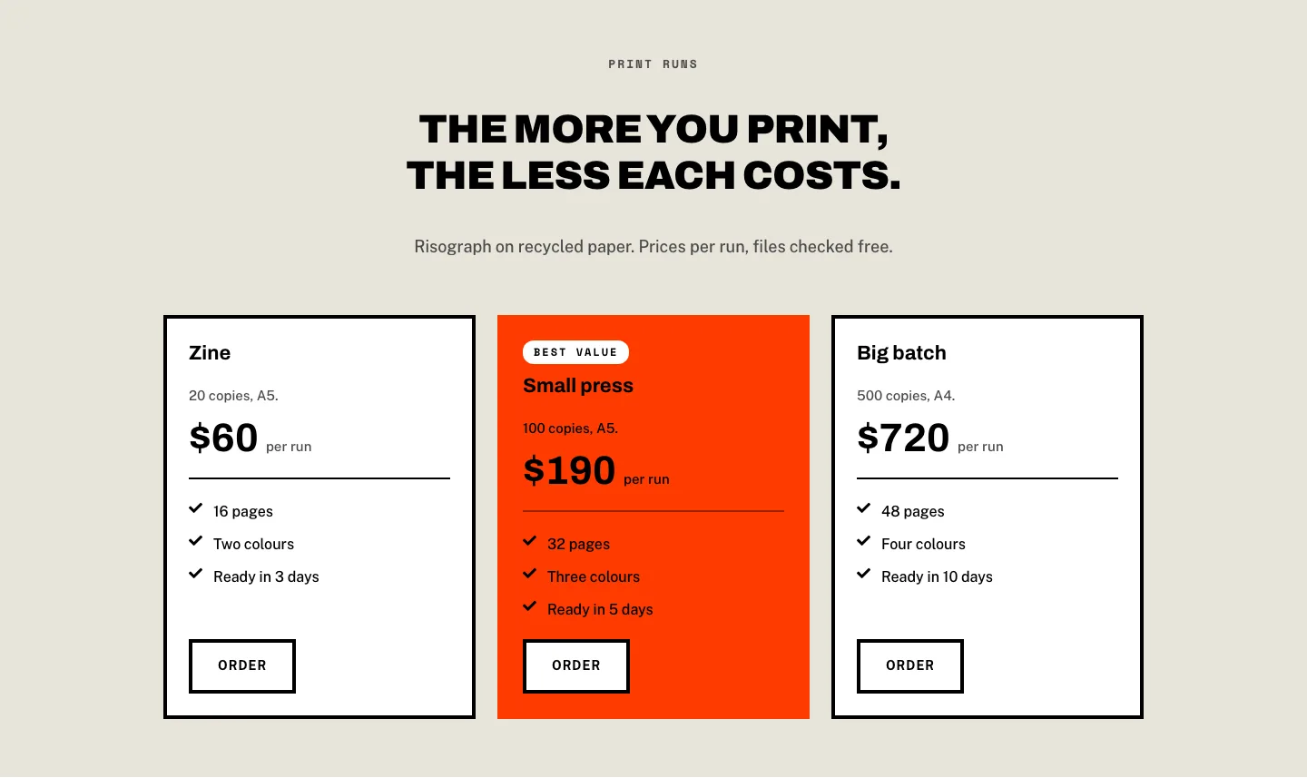 Brutalist Print Shop Pricing Section for Divi 5: Three-Tier Print Runs, E-commerce Pricing layout built with Divi 5, desktop screenshot