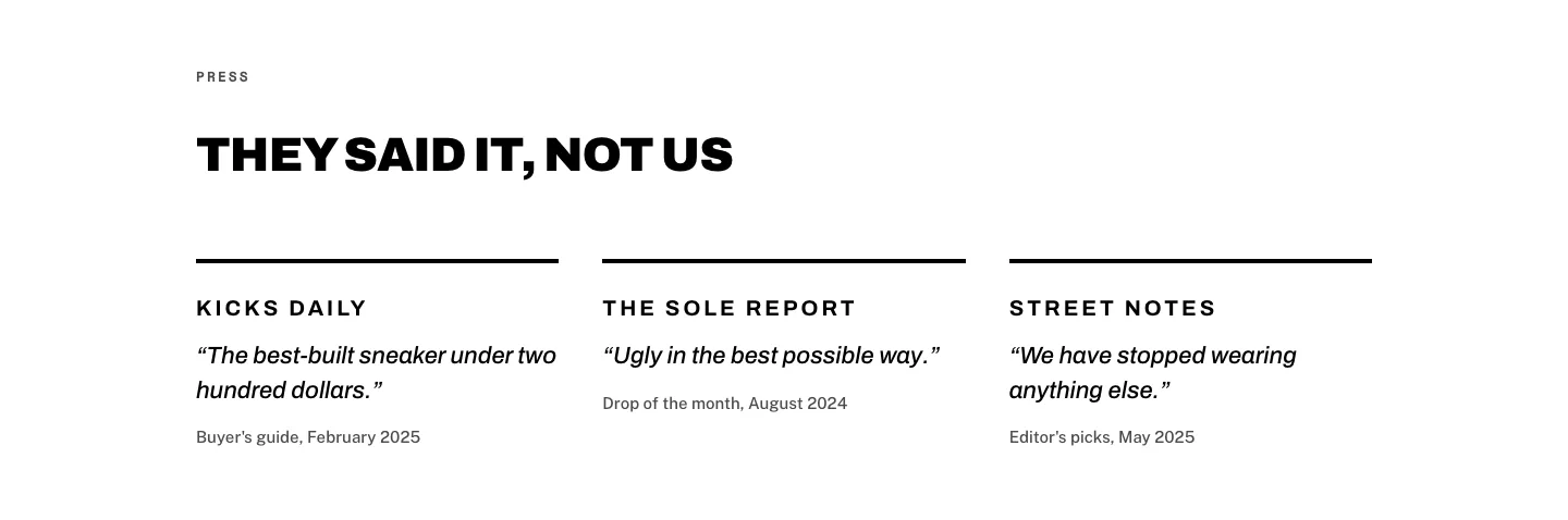 Brutalist Sneaker Brand Press Quotes Layout for Divi 5: Three Publications, E-commerce Testimonials layout built with Divi 5