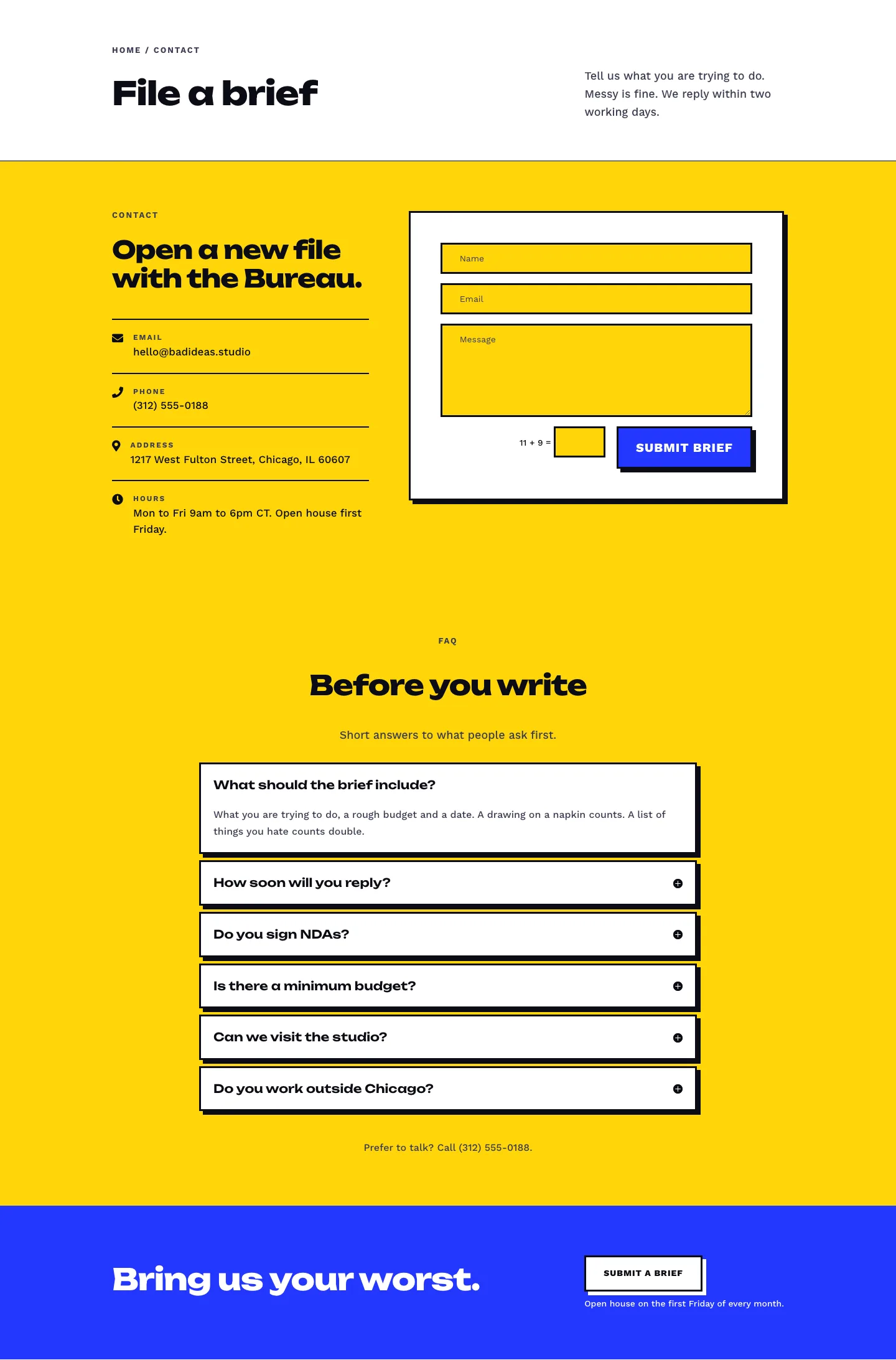 Bureau of Bad Ideas — Bold Creative_agency Contact Page for Divi 5, Creative Agency Full Landing layout built with Divi 5, desktop screenshot