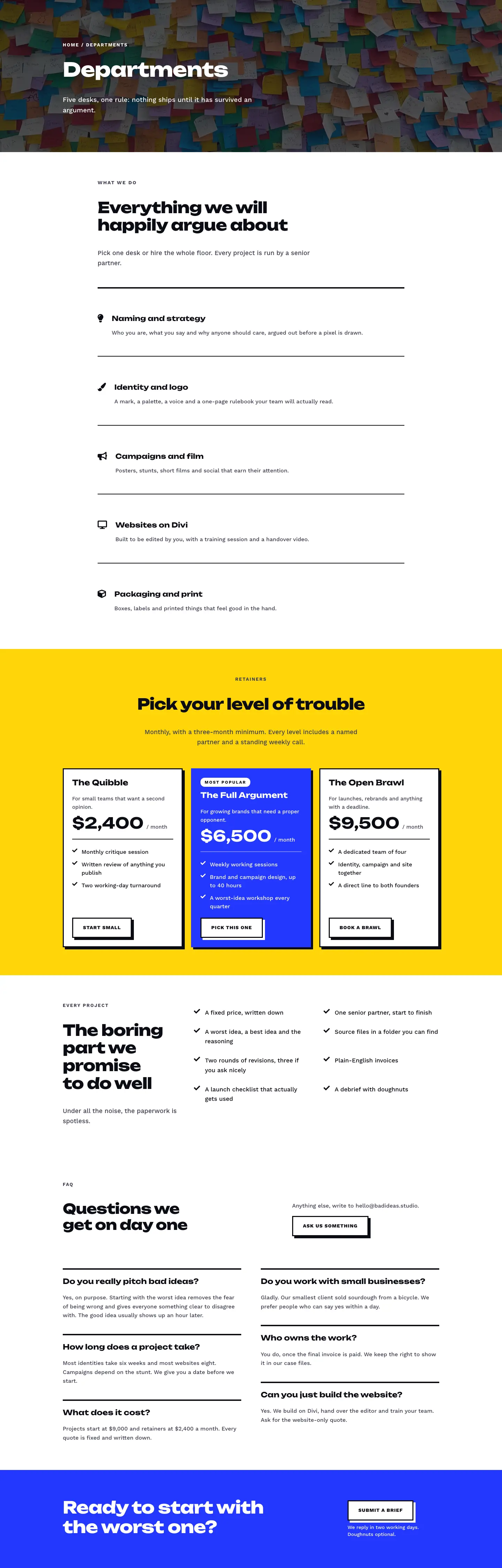Bureau of Bad Ideas — Bold Creative_agency Departments Page for Divi 5, Creative Agency Full Landing layout built with Divi 5, desktop screenshot