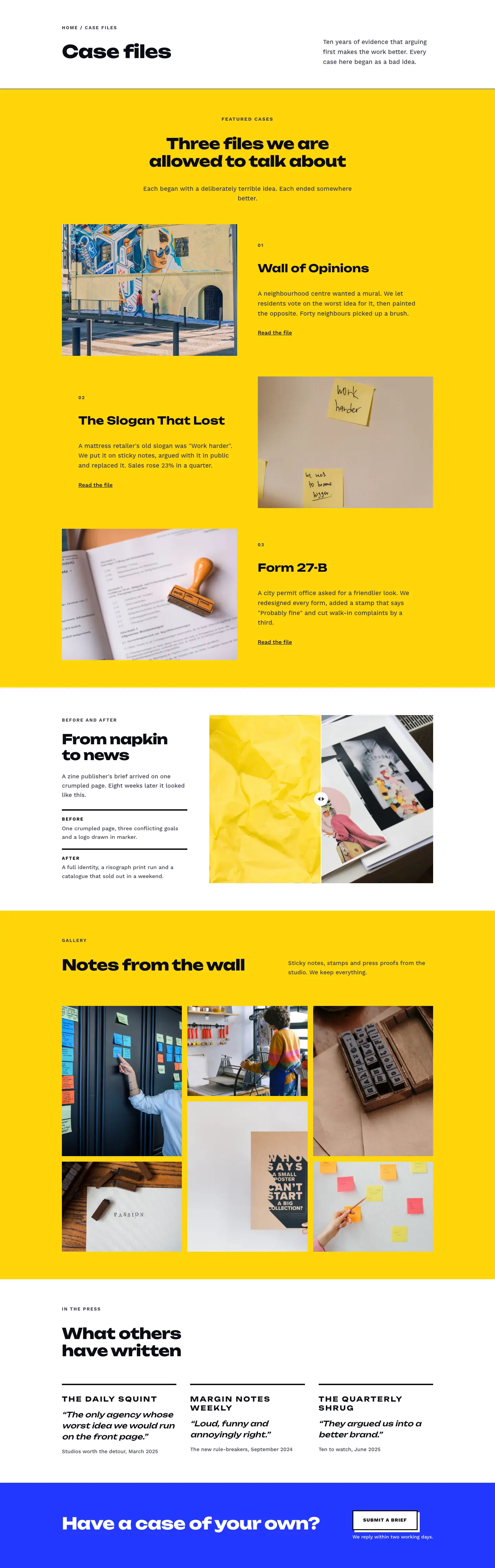 Bureau of Bad Ideas — Bold Creative_agency Case Files Page for Divi 5, Creative Agency Full Landing layout built with Divi 5, desktop screenshot