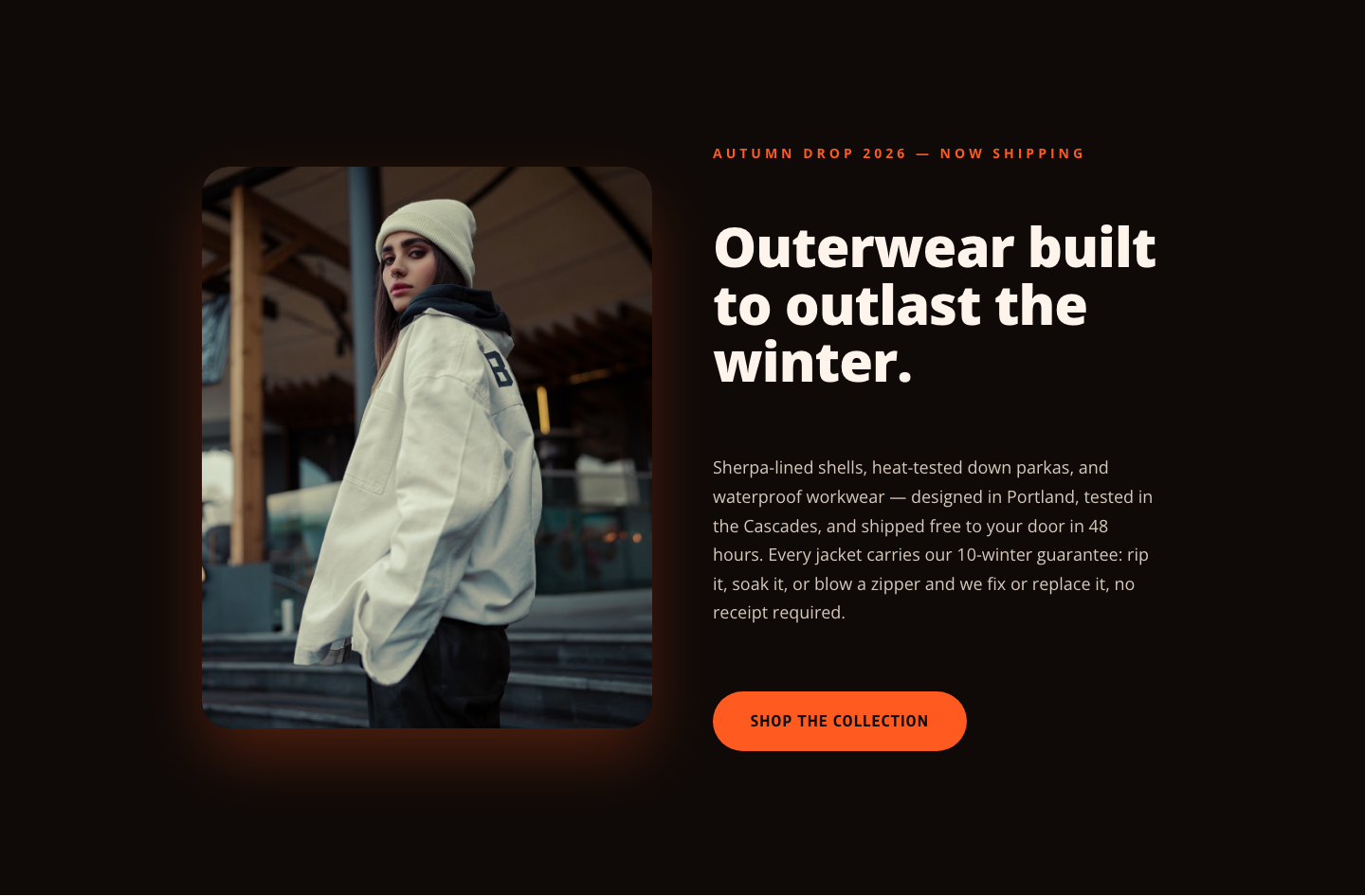 Blazefront Outerwear Hero — Bold Ecommerce Divi 5 Layout — desktop preview