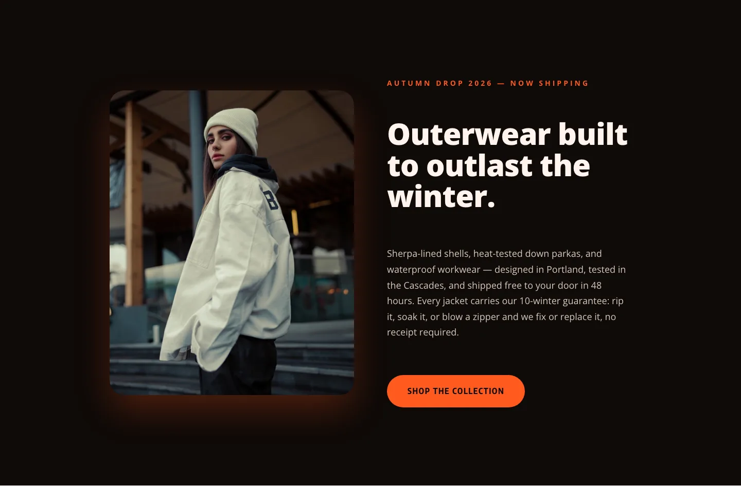 Blazefront Outerwear Hero — Bold Ecommerce Divi 5 Layout — E-commerce Hero layout built with Divi 5