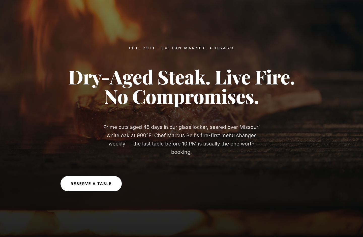 Bold Steakhouse Hero Layout for Divi 5 — Fire & Dry-Aged — desktop preview