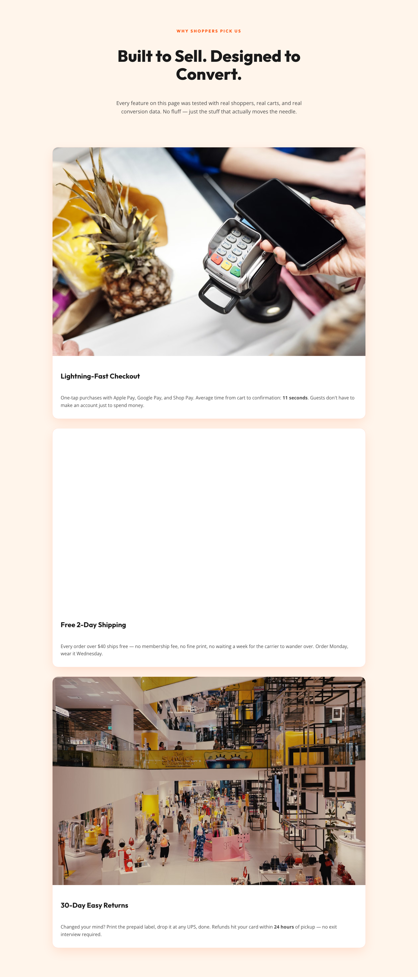 Bold Ecommerce Features Section — Fast Checkout, Free Shipping & Easy Returns — desktop preview