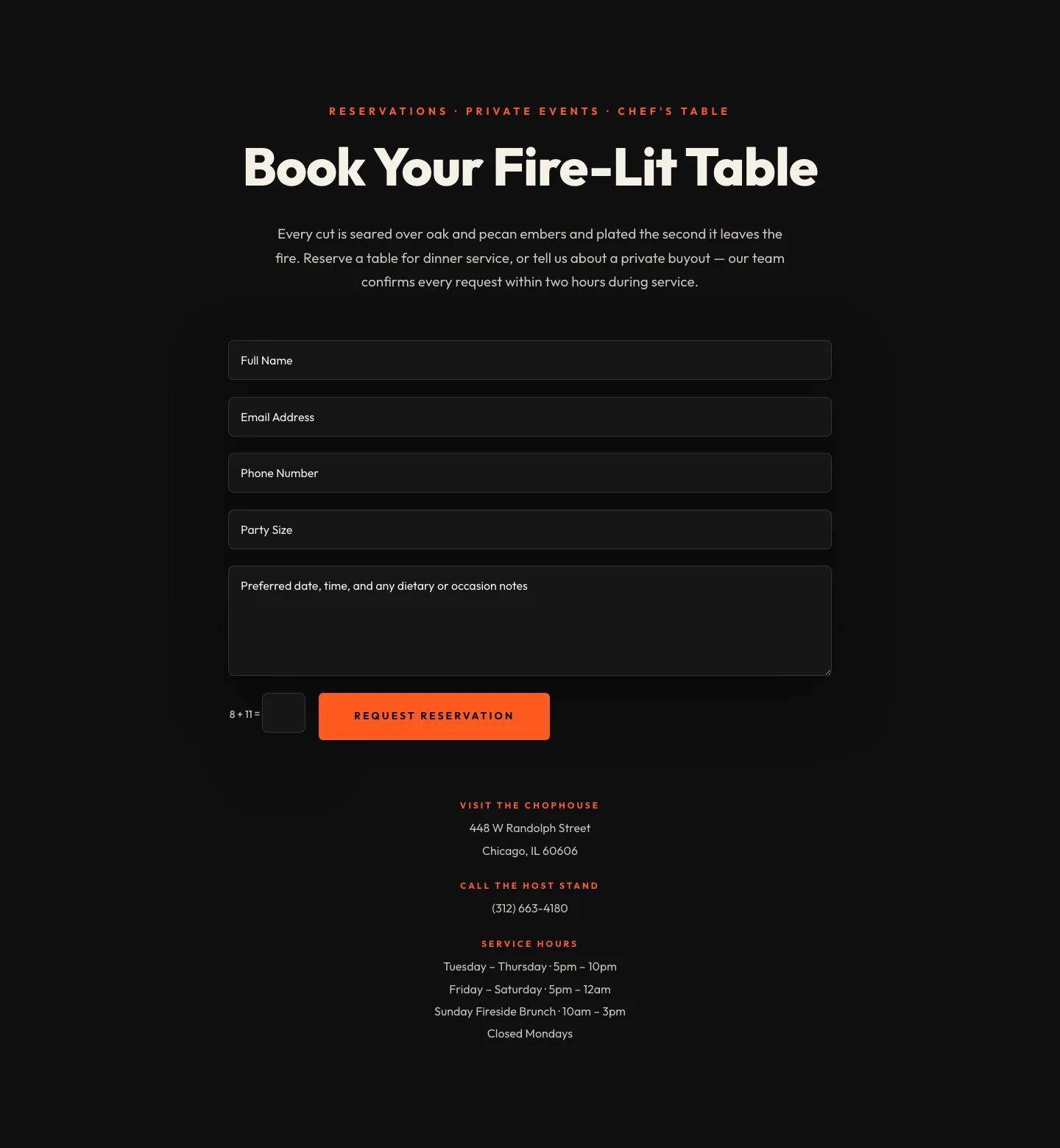 Bold Restaurant Reservation Contact Layout for Divi 5 — Restaurant Contact layout built with Divi 5