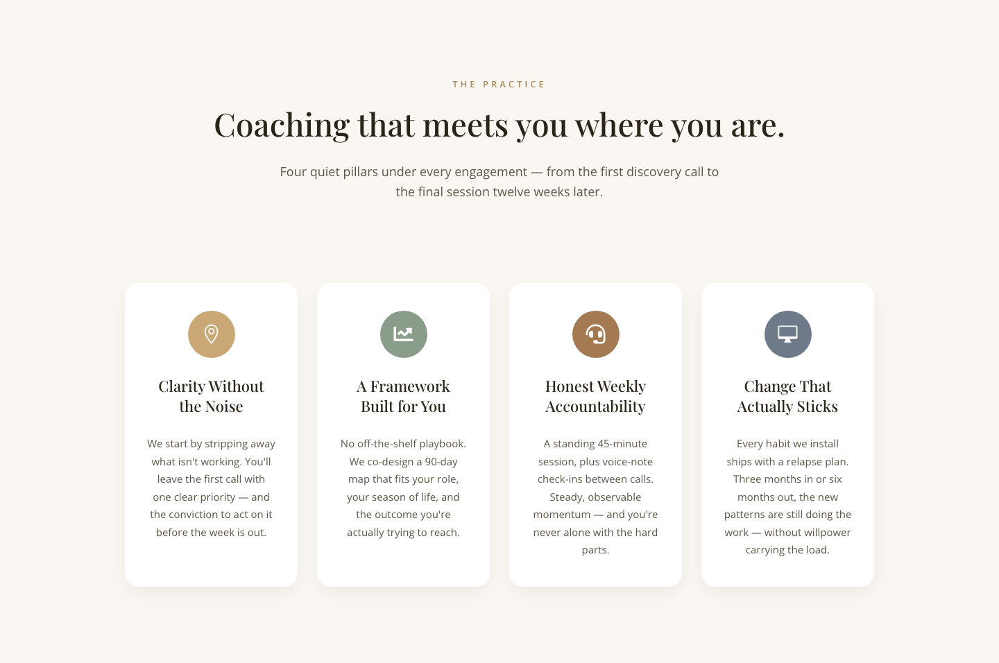 Elegant Coaching Pillars Cards Section — Divi 5 Layout — desktop preview