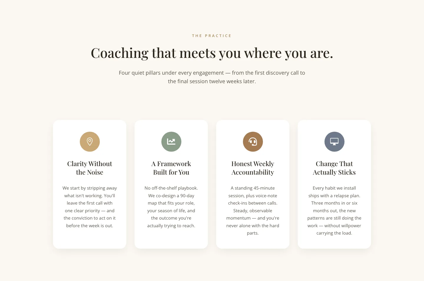 Elegant Coaching Pillars Cards Section — Divi 5 Layout — Coaching Cards layout built with Divi 5