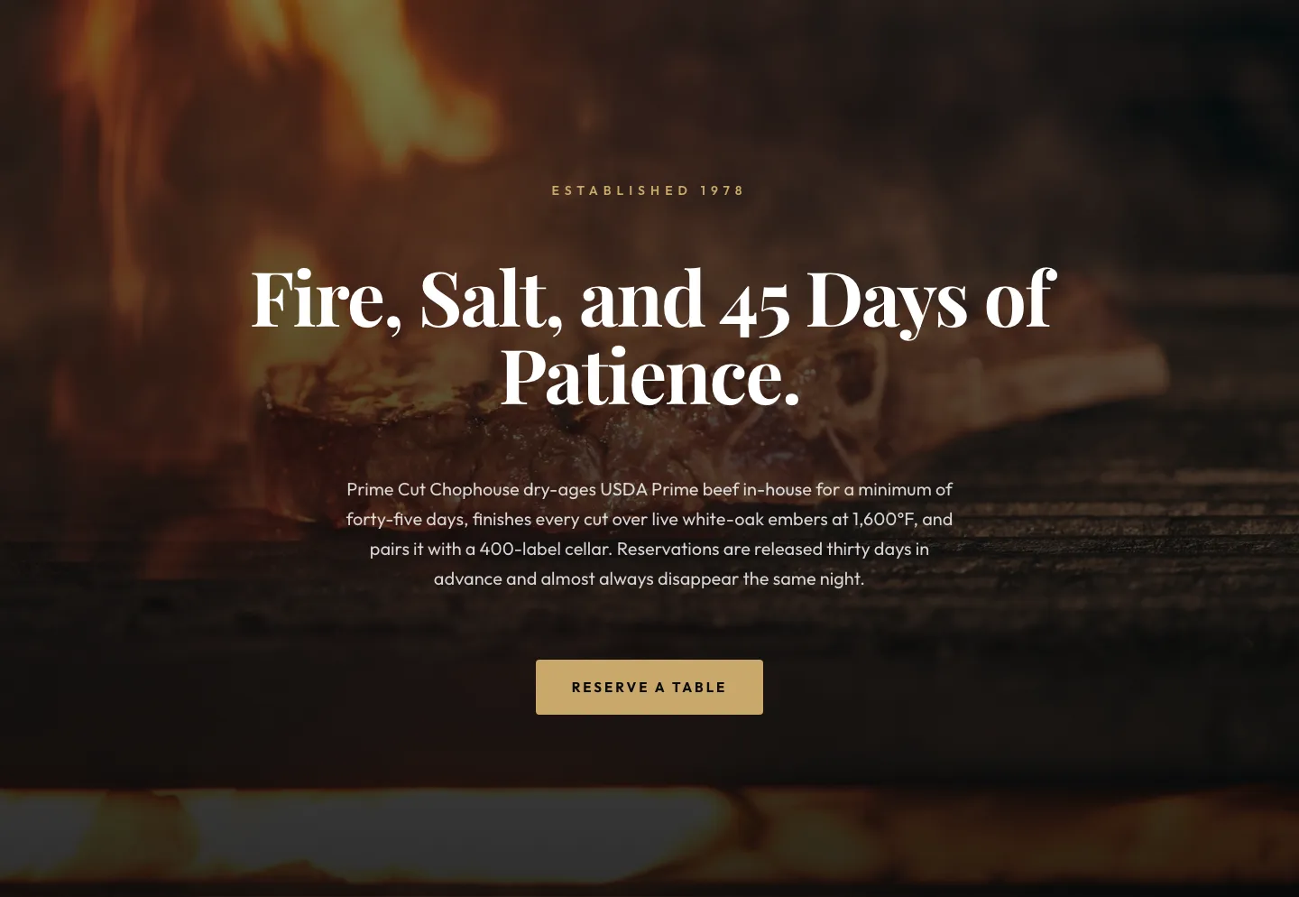 Prime Cut Chophouse Hero — Dry-Aged Steakhouse Divi 5 Layout — Restaurant Hero layout built with Divi 5