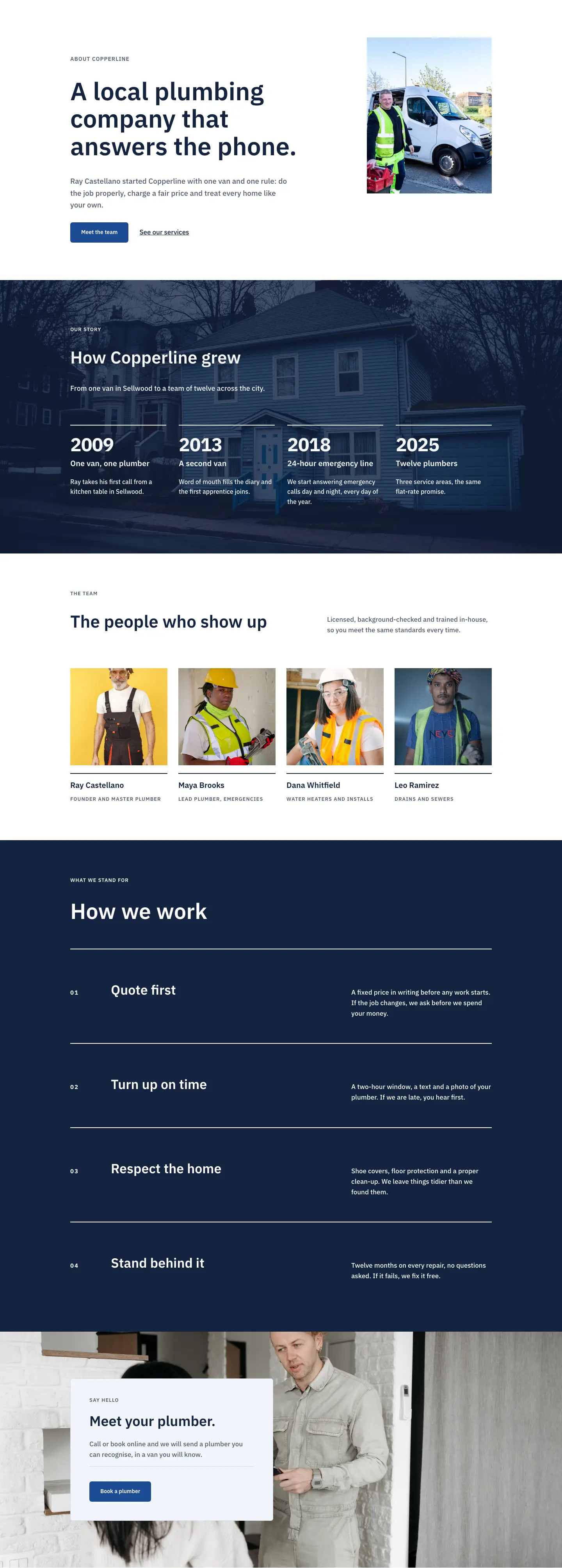 Copperline Plumbing & Heating — Corporate Plumbing About Page for Divi 5, Plumbing Full Landing layout built with Divi 5, desktop screenshot