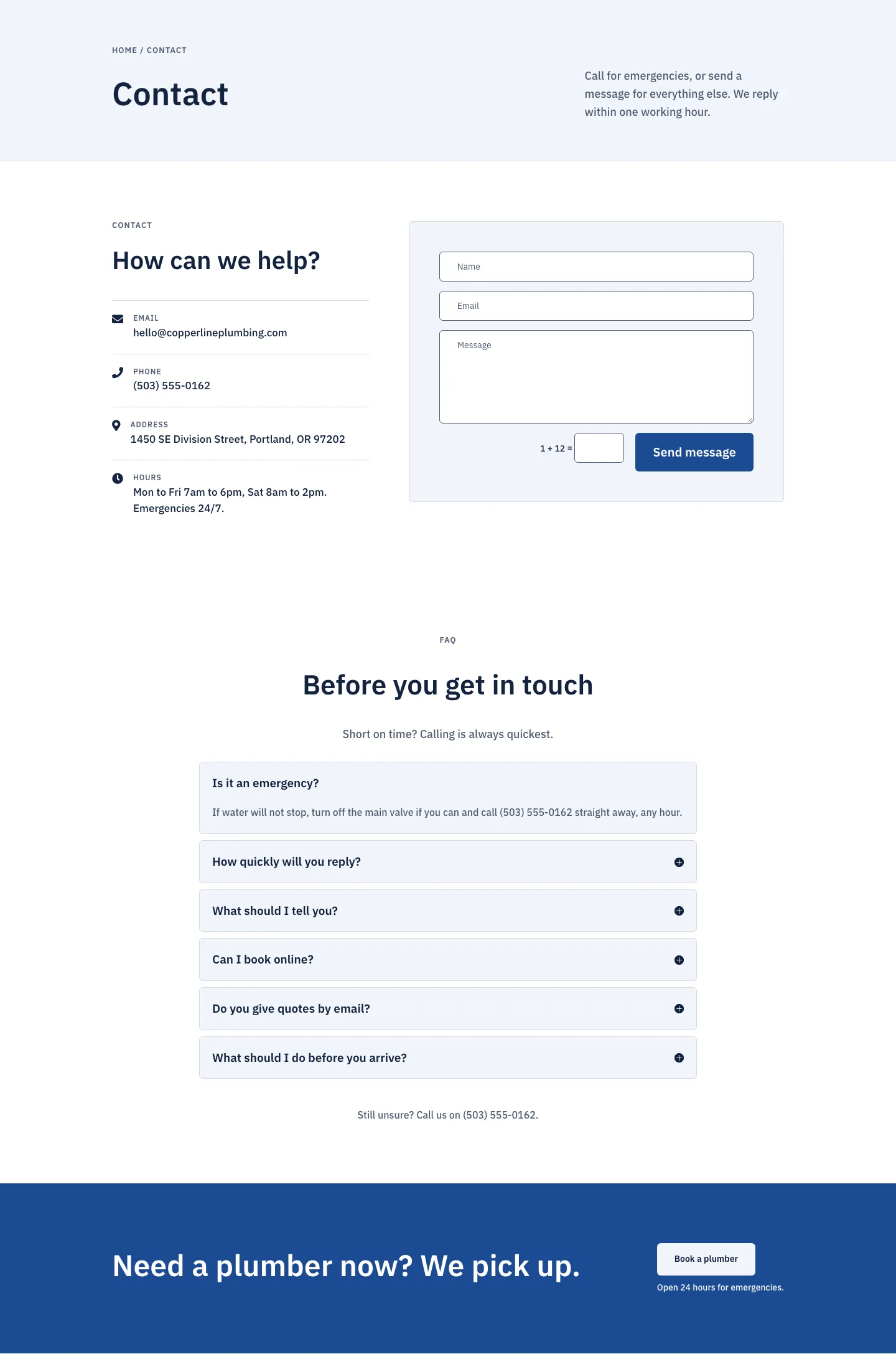 Copperline Plumbing & Heating — Corporate Plumbing Contact Page for Divi 5, Plumbing Full Landing layout built with Divi 5, desktop screenshot