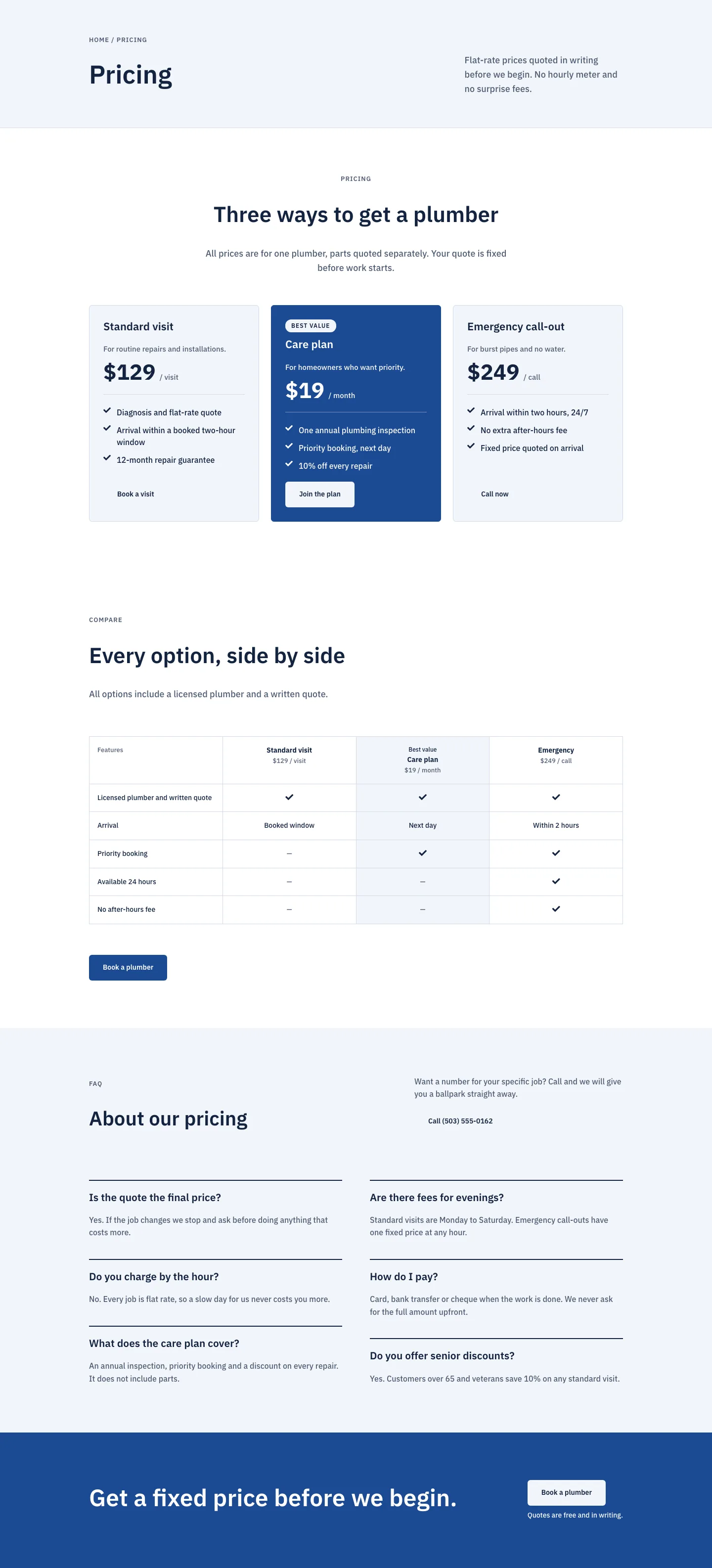Copperline Plumbing & Heating — Corporate Plumbing Pricing Page for Divi 5, Plumbing Full Landing layout built with Divi 5, desktop screenshot