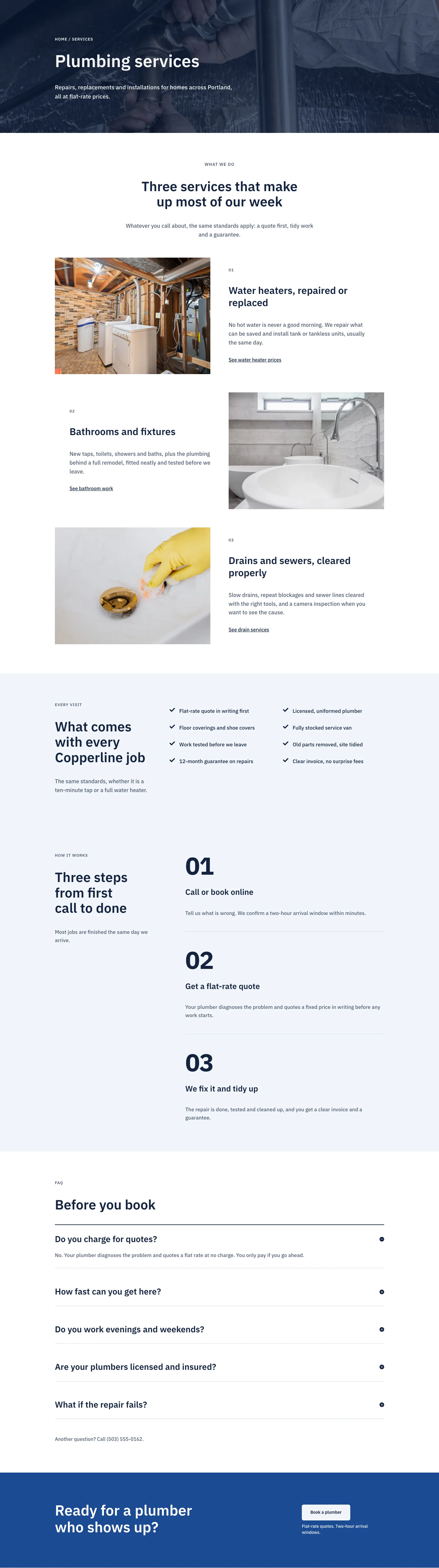 Copperline Plumbing & Heating — Corporate Plumbing Services Page for Divi 5, Plumbing Full Landing layout built with Divi 5, desktop screenshot